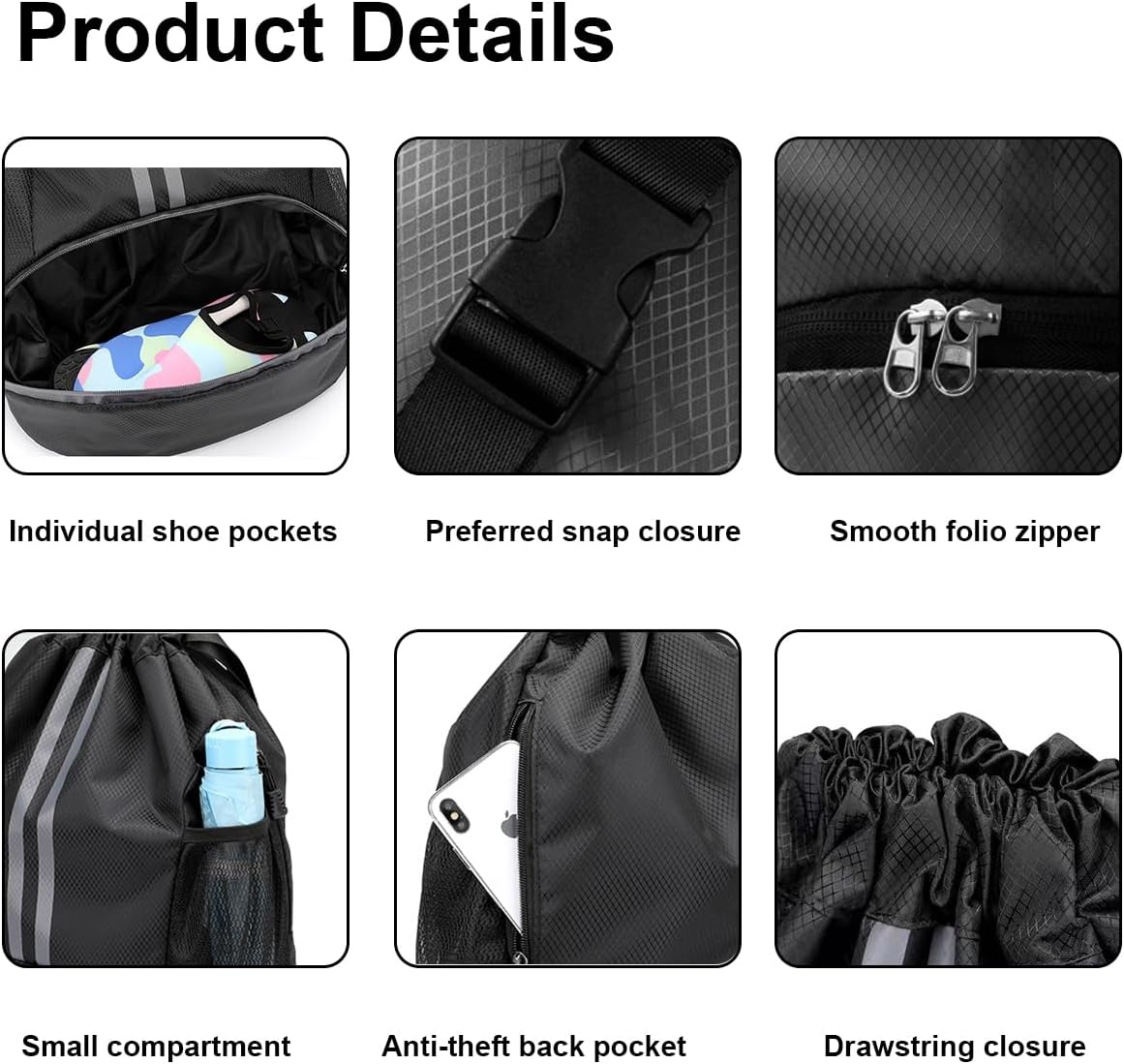 Gym Bag, Sports Bag, Football Bag, Sports Backpack with Wide Drawstring, Mesh Bag, Ball Compartment, Outer Pocket, Adjustable Drawstring Gym Bag for Men and Women – Bild 3