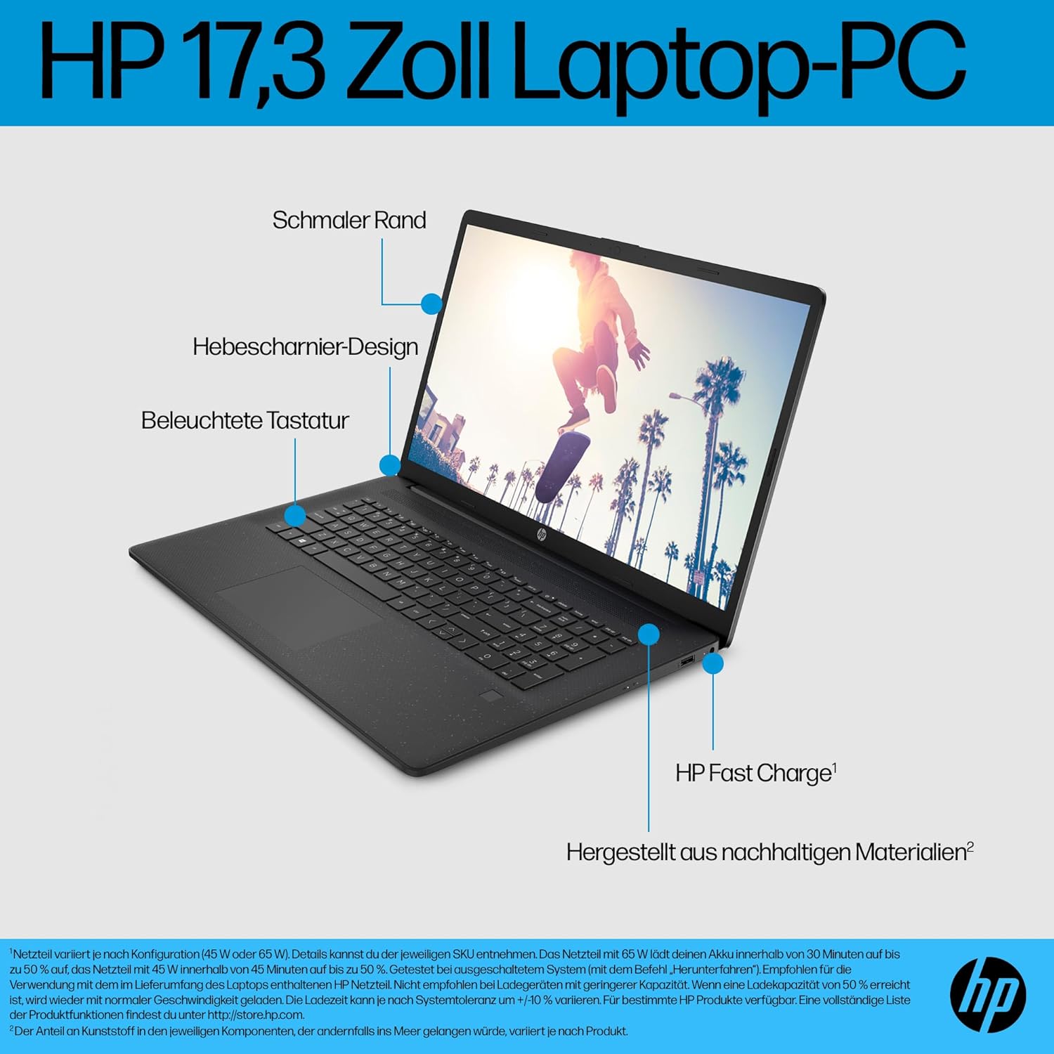 HP Laptop with 17.3" FHD Display, AMD Ryzen 3 7320U, 8GB DDR5 RAM, 512GB SSD, AMD Radeon Graphics, Windows 11, QWERTZ, Black with 25GB Dropbox Memory for 12 Months – Bild 7