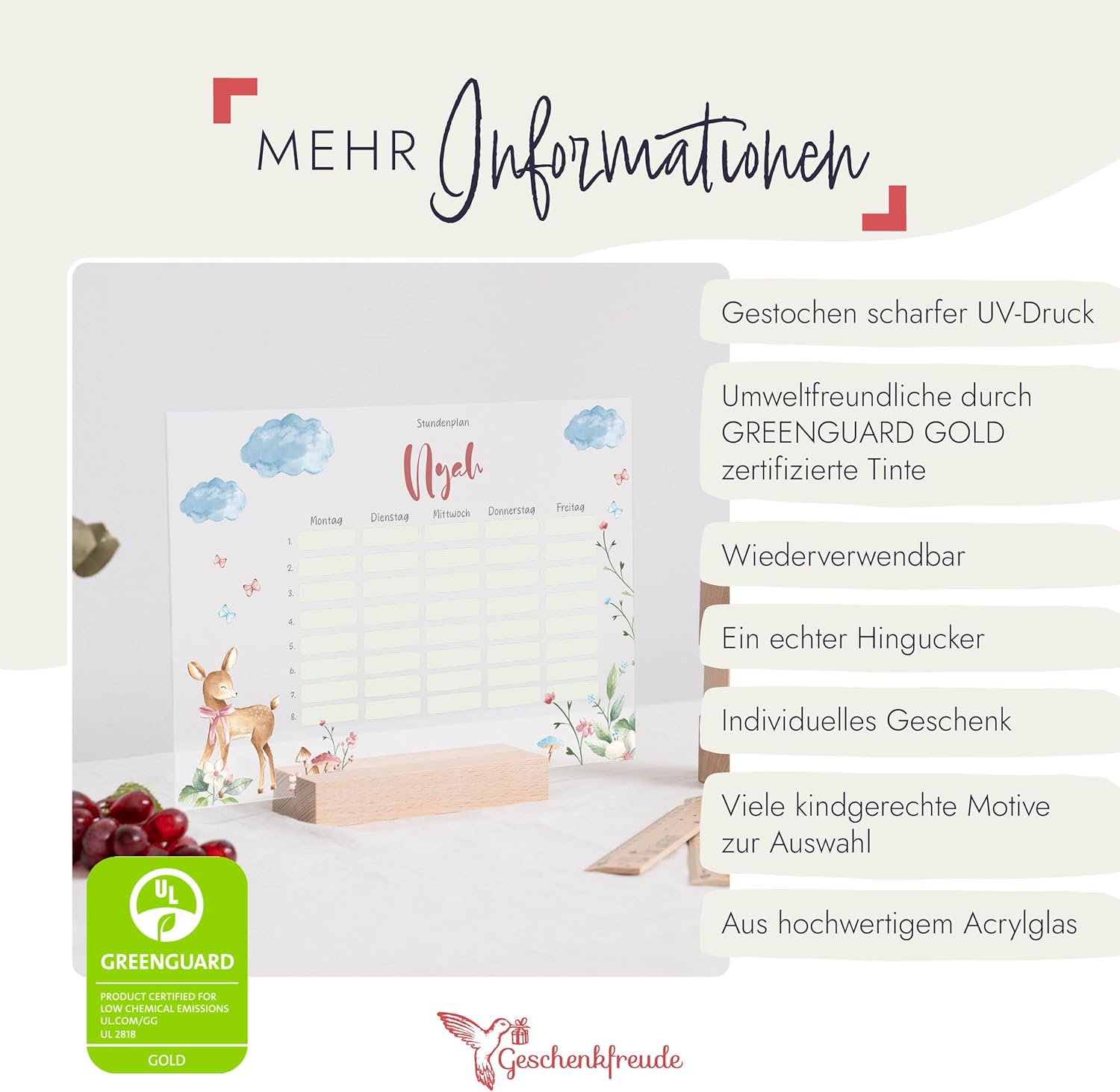 Timetable Wipeable Personalised with Name + Wooden Holder and Pen - DIN A4 - Gifts for School Enrolment - First Day of School Gift for Girls/Boys - Small Gift for First Day of School – Bild 2