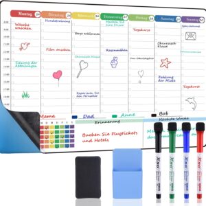 POPRUN Whiteboard Weekly Planner Wipe Clean Self-Adhesive for the Fridge, Wall, Glass and Wood (Any Smooth Surface) Family Planner, Planning Board, Household Planner, Food Planner, 42 x 28 cm in