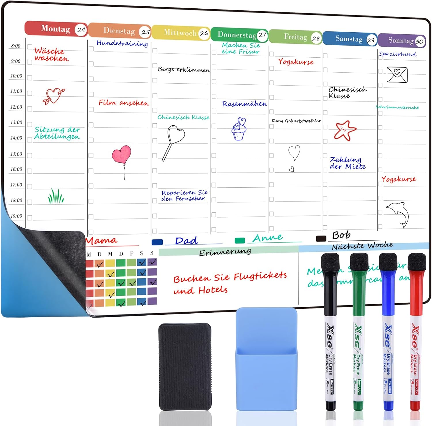POPRUN Whiteboard Weekly Planner Wipe Clean Self-Adhesive for the Fridge, Wall, Glass and Wood (Any Smooth Surface) Family Planner, Planning Board, Household Planner, Food Planner, 42 x 28 cm in