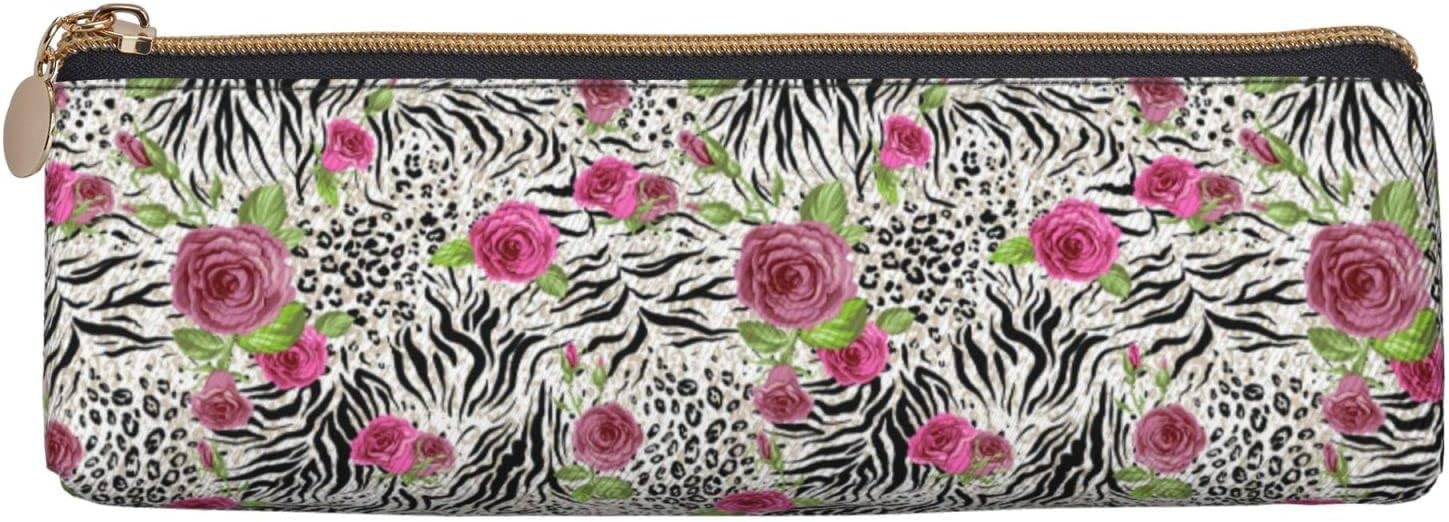 Leopard and Rose Floral Pencil Case Cosmetic Bag Pen Bag Triangle Leather Storage Bag with Zipper Stationery Organizer for Adults Office, Leopard And Roses Flowers Pattern 03, Bag organiser – Bild 3