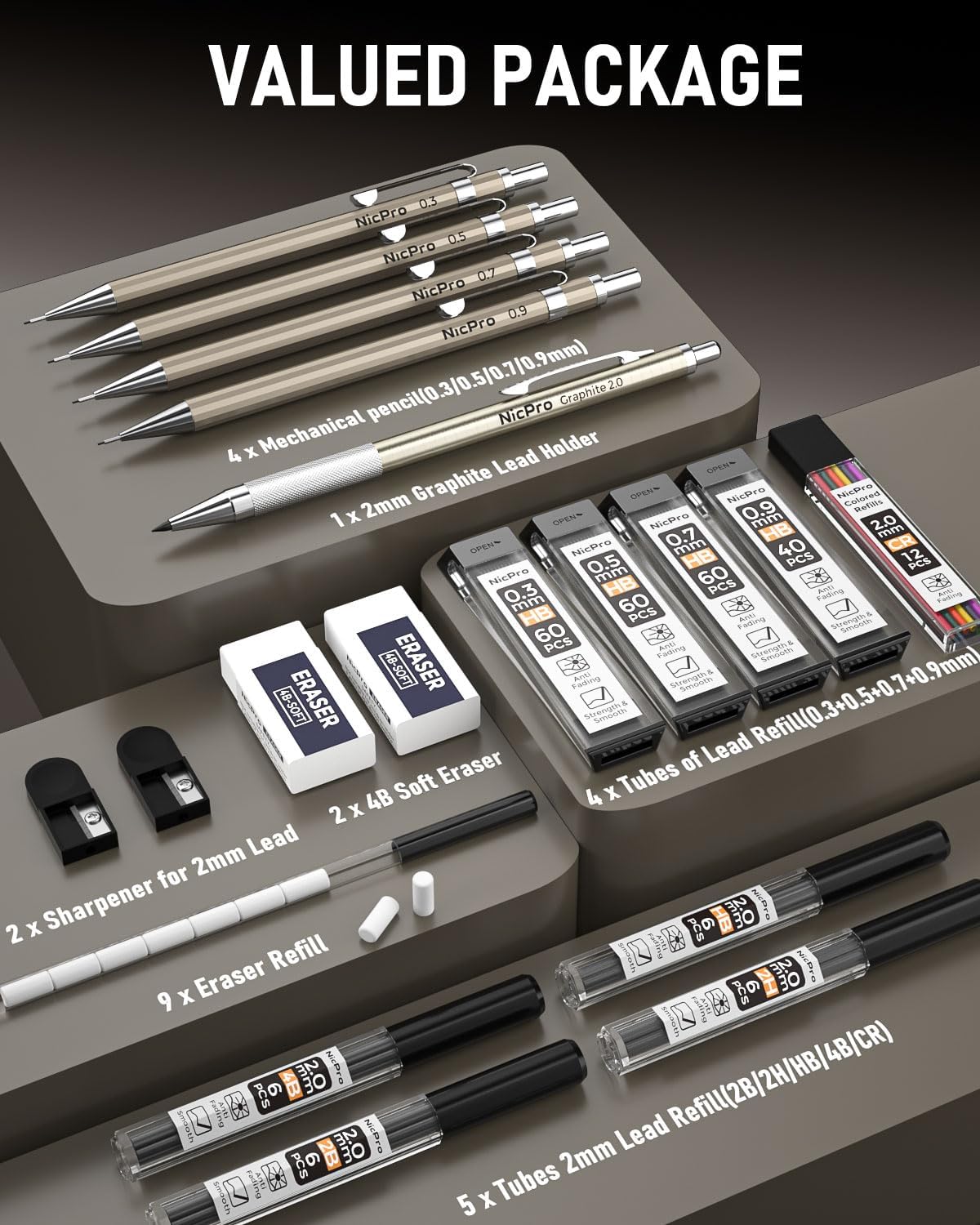 Nicpro 5 Piece Metal Mechanical Pencil Set with Case, Artist Pencils with 9 Cans of Replacement Leads 0.3, 0.5, 0.7, 0.9 and 2 mm (2H HB 2B 4B Coloured Lead), 2 Erasers, for Sketching and Drawing – Bild 7