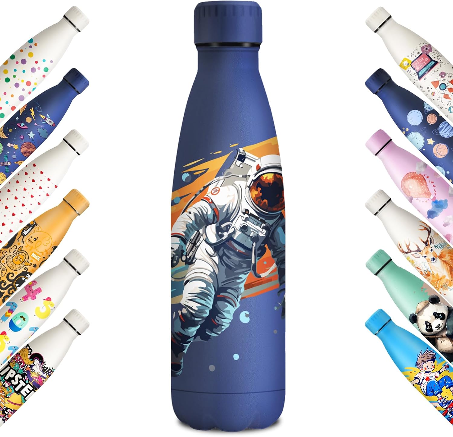 KollyKolla Stainless Steel Drinking Bottle, 500 ml, 3D Print Drinking Bottle, Sports, Suitable for Carbonated Drinks, Leak-Proof Thermos Flask, BPA-Free, Drinking Bottles for Children, School, Sports