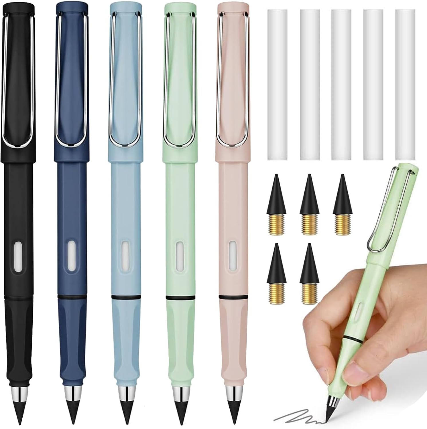 Pack of 5 Inkless Pencils with 5 Interchangeable Heads, Eternal Pencil with Eraser, Infinity Pencil, Pencils Set for Children and Adults from 3 Years (5 Colours)