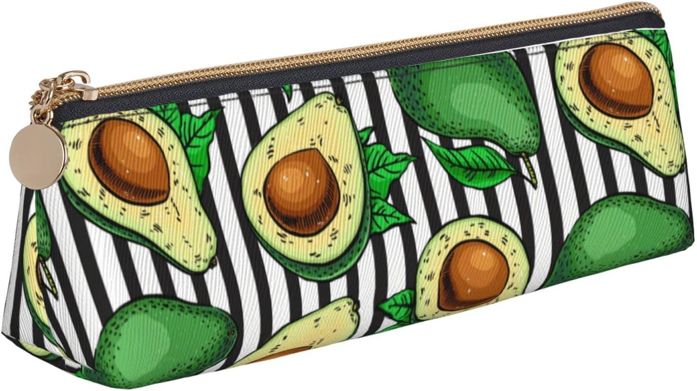 Federmäppchen mit Avocado-Motiv, schwarz-weiß gestreift, dreieckiges Stiftetui, tragbares Federmäppchen, Leder-Organizer mit Reißverschluss, Kosmetiktasche