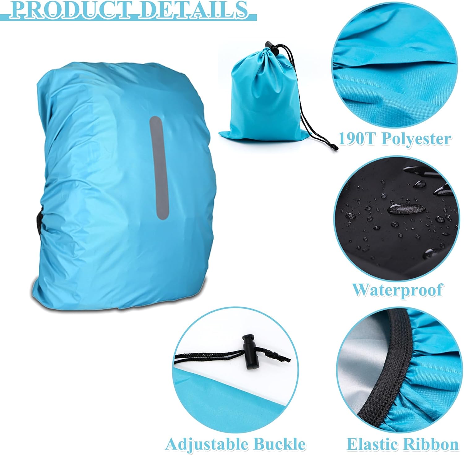 Rain Cover for Backpacks with Reflective Strips, 15L-50L Waterproof Backpack Rain Cover with Storage Bag, Rain Cover School Bag for Hiking, Camping, Travel, Cycling – Bild 4