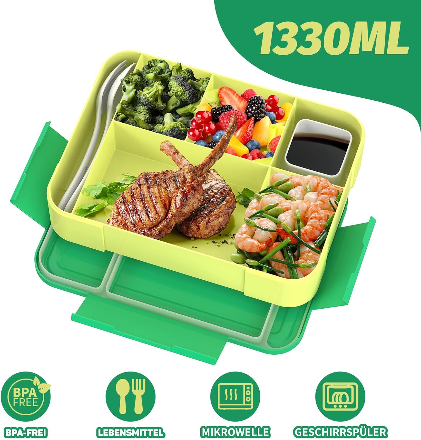 Children's Lunch Box with Compartments, 1300 ml Lunch Box for Children, Leak-Proof Bento Box with 5 Compartments, Cutlery Set, Lunch Box for Nursery, School, Picnic, Excursions (Green) – Bild 2