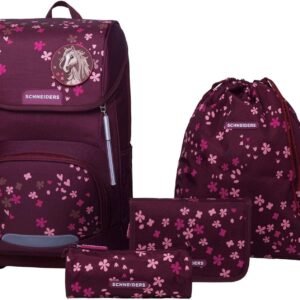 Schneiders Ergoplus Berry Blossom School Bag Set (8 Pieces) - Convertible Girls' School Bag with LED, Ergonomic & Sustainable, Super Light (950 g), 22 L, Pink/Pink, Includes Accessories & Notebook Box