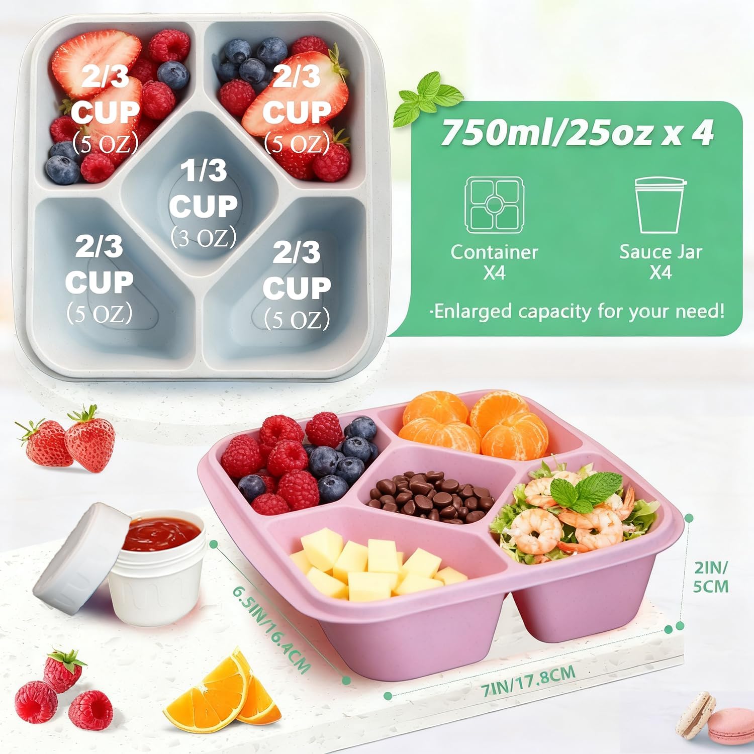 Snack Box with 5 Compartments, 4 Leak-Proof Salad Containers, With Transparent Lid BPA Free, Dishwasher Safe. Perfect as Meal Prep Boxes. For Adults and Children – Bild 5