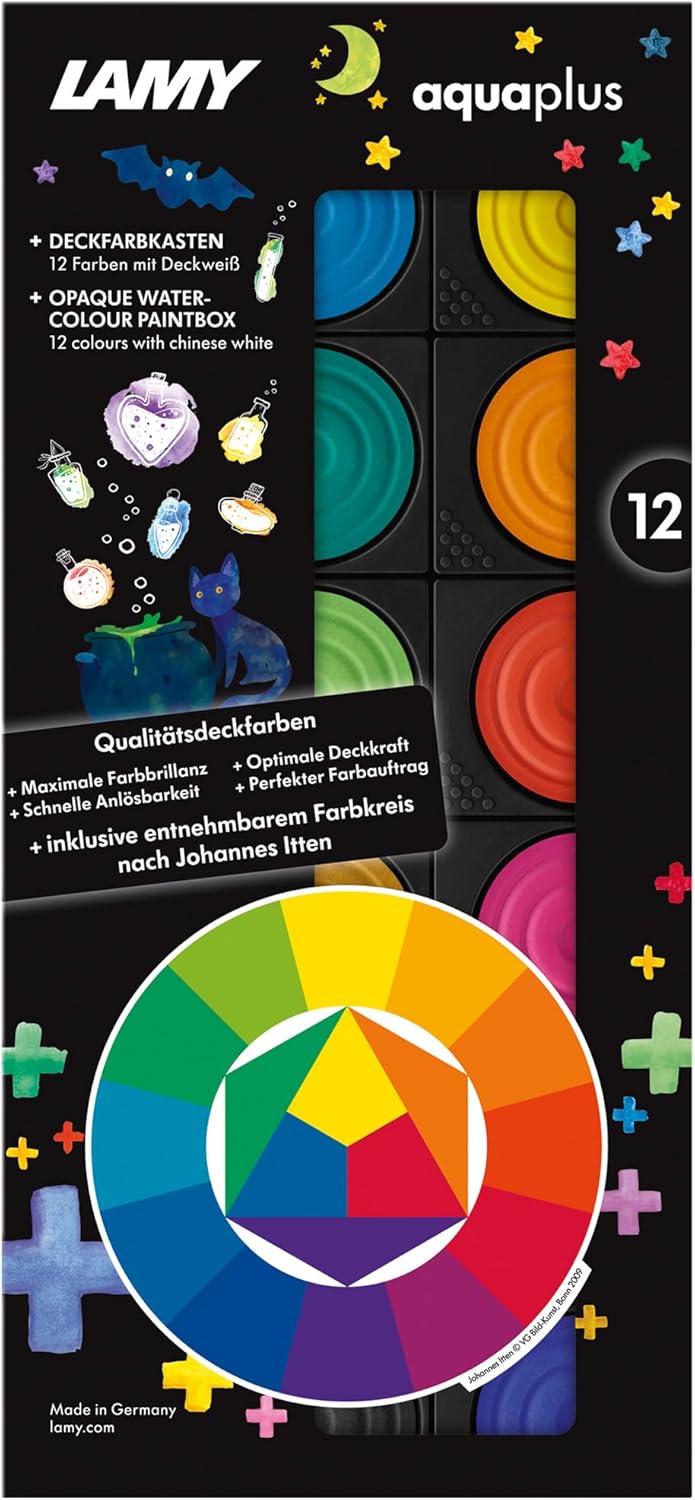 Lamy Aquaplus Black Paint Box with 12 Colours – Ideal for School Lessons – with Johannes Itten Colour Circle & Opaque White – Mixing Fields in Lid