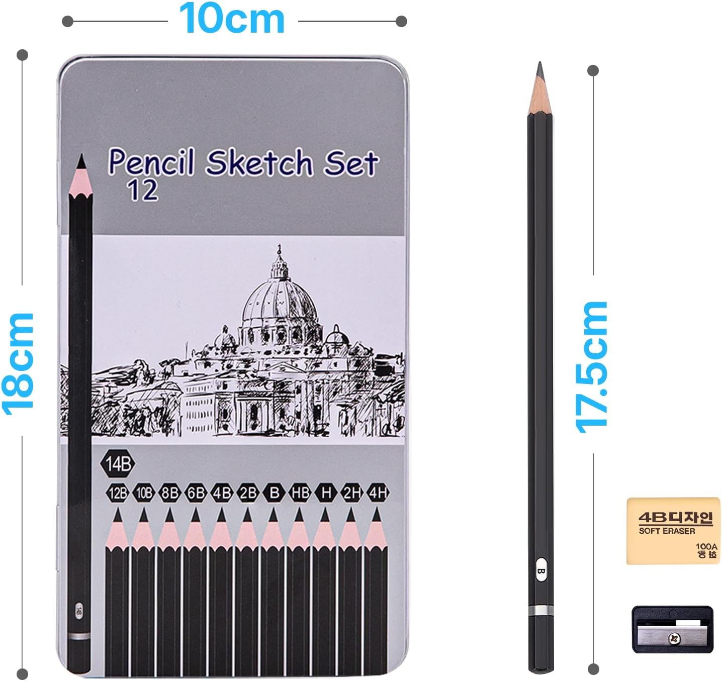 OWLKELA Pencils Set, 12 Pieces Professional Drawing Pencils Set, 14B 12B 10B 8B 6B 4B 2B B HB H 2H 4H, Artist Pencils in Metal Tin with Eraser & Sharpener, Sketch Pencils – Bild 2
