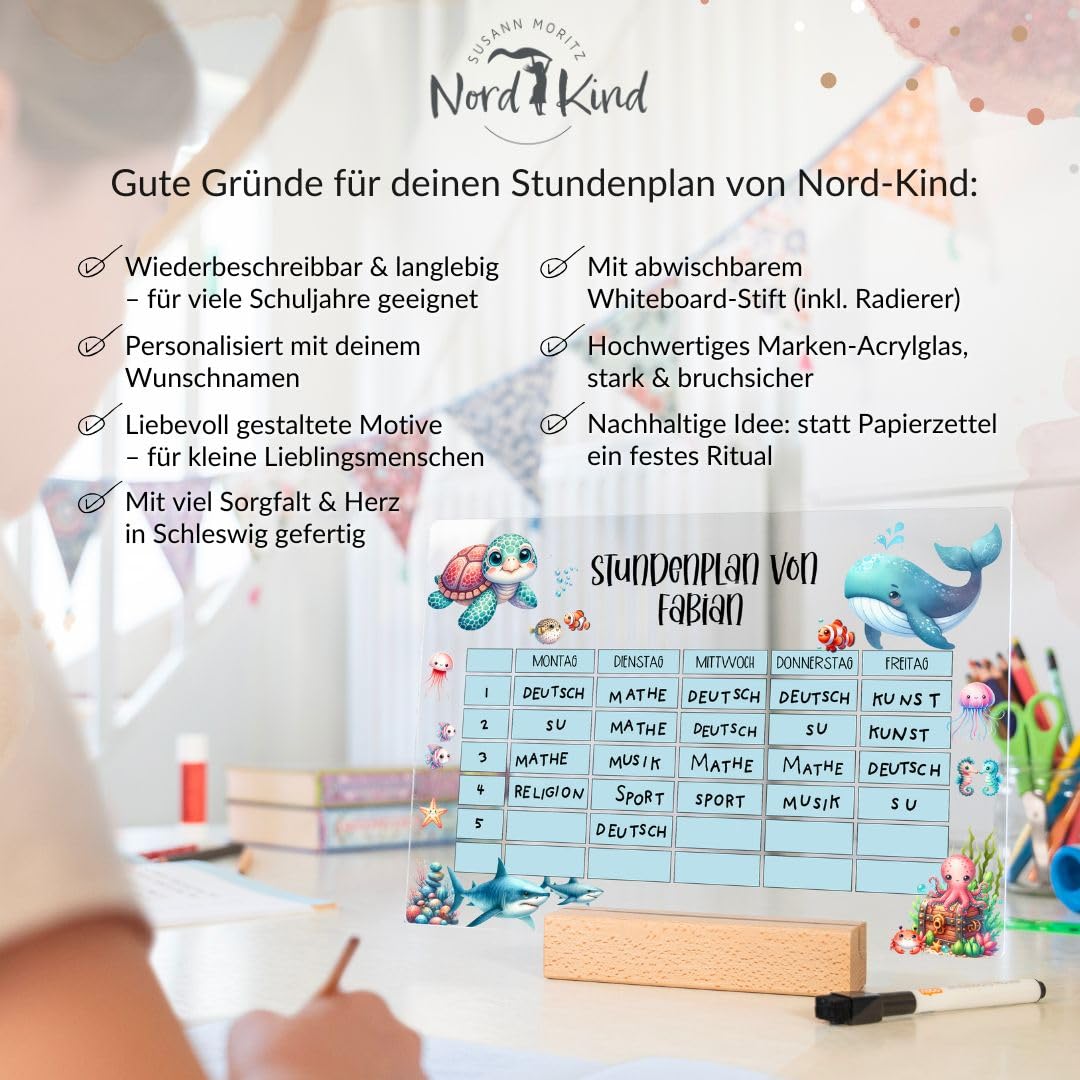 Nord-Kind Children's 1st Class Personalised Timetable - Wipe-Clean Acrylic Timetable for Standing or Hanging - Timetable Girls & Boys for School Enrolment (Underwater World 1) – Bild 3