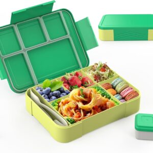 Children’s Lunch Box with Compartments, 1300 ml Lunch Box for Children, Leak-Proof Bento Box with 5 Compartments, Cutlery Set, Lunch Box for Nursery, School, Picnic, Excursions (Green)