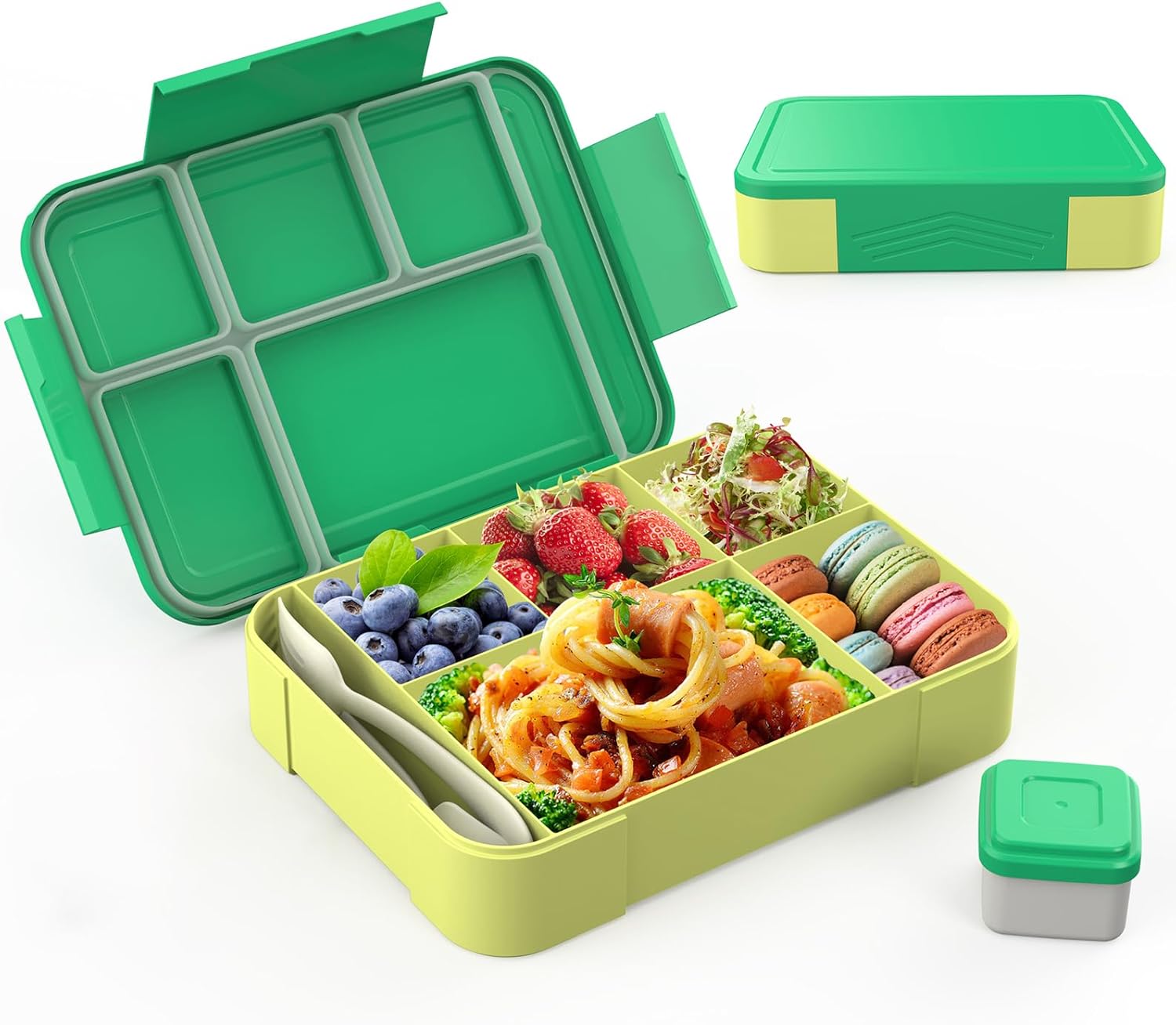 Children's Lunch Box with Compartments, 1300 ml Lunch Box for Children, Leak-Proof Bento Box with 5 Compartments, Cutlery Set, Lunch Box for Nursery, School, Picnic, Excursions (Green)