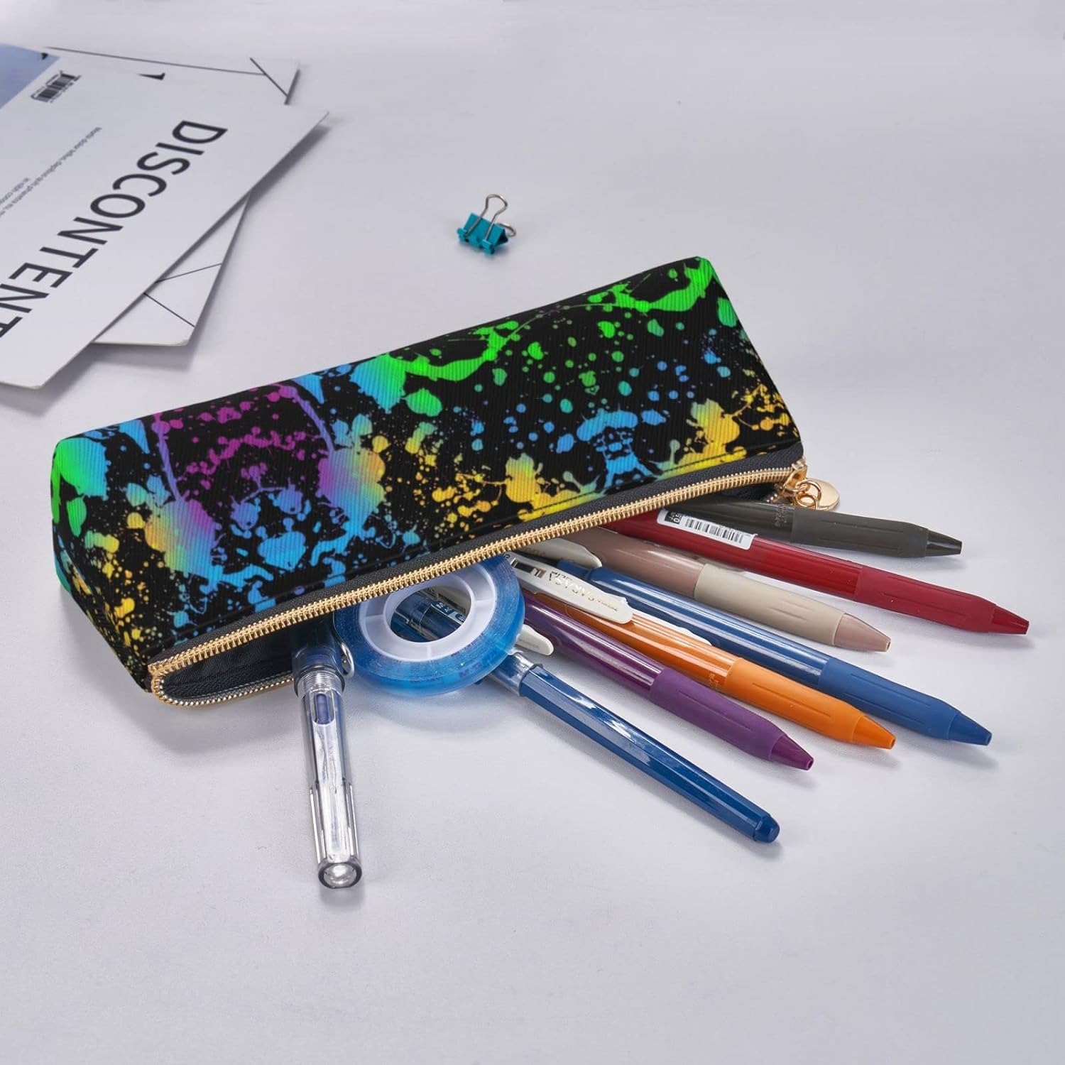 Rainbow Neon Paint Splash Pencil Case Triangle Pencil Case Portable Pencil Case Leather Organizer with Zipper Cosmetic Bag, White, Bag organiser – Bild 7