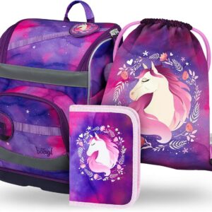 Baagl School Bag Boys Girls Set of 3 (Zippy School Bag for 1st Grade, Pencil Case, Gym Bag), Primary School Satchel with Chest Strap, Waist Belt, Ergonomic School Backpack, 21 L