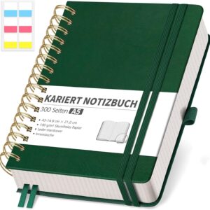 RETTACY Notebook A5 Squared, Bullet Journal with 100 g/m² Thick Paper, 150 Sheets, College Pad for Office and School, Leather Cover, Dark Green, 14.8 cm x 21 cm