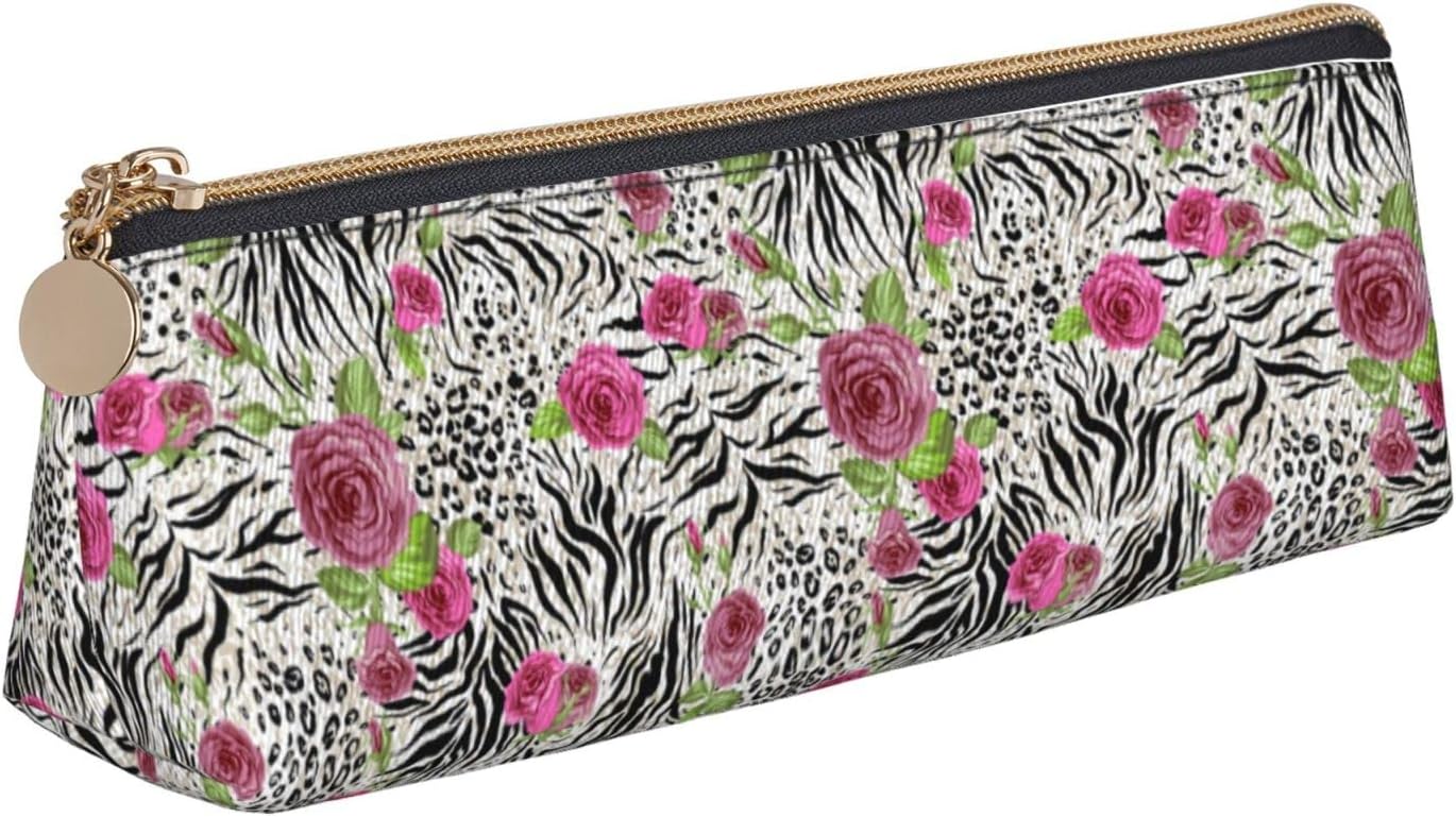 Leopard and Rose Floral Pencil Case Cosmetic Bag Pen Bag Triangle Leather Storage Bag with Zipper Stationery Organizer for Adults Office, Leopard And Roses Flowers Pattern 03, Bag organiser