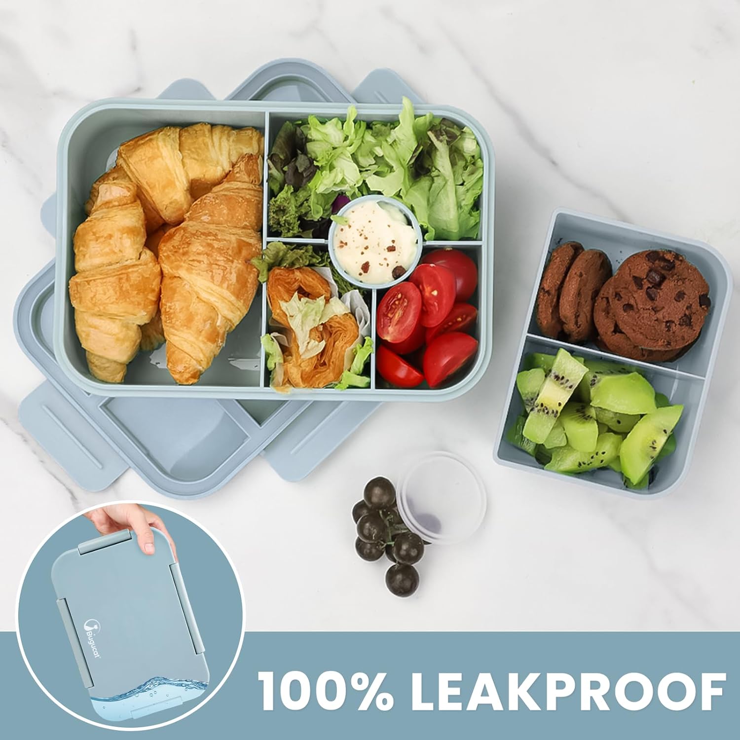 Bugucat Children's Lunchbox with Compartments, 1300 ml, Leak-Proof, Bento Box with Cutlery Set, Sandwich Box for Adults, Breakfast Box for Girls and Boys, Blue – Bild 4