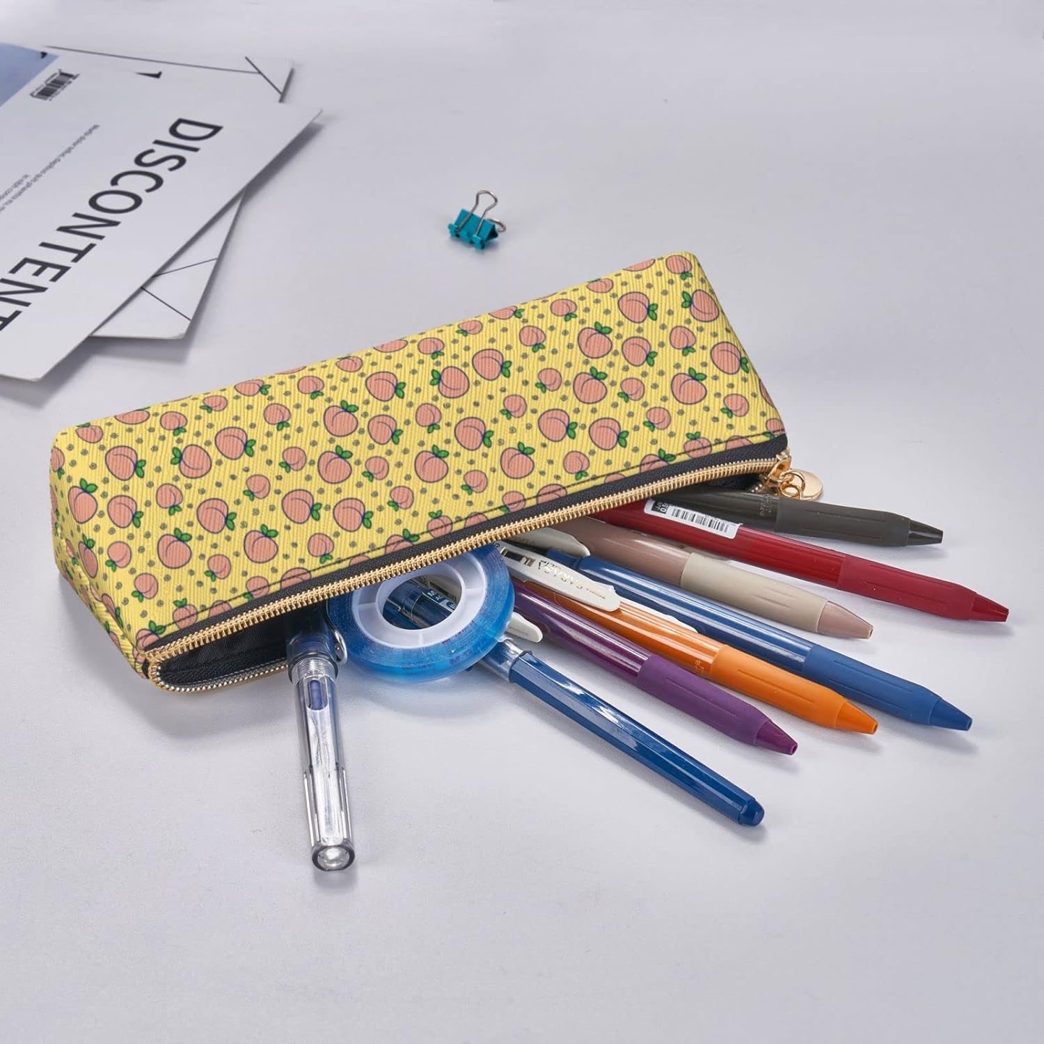 Federmäppchen mit Aquarell-Pfirsich- und Blättermuster, Kosmetiktasche, Stifttasche, dreieckiges Leder, Aufbewahrungstasche mit Reißverschluss, Schreibwaren-Organizer für Erwachsene im Büro – Bild 7
