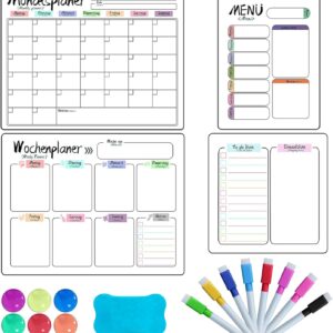 Set of 4 Weekly Planner Wipe Clean, Weekly Planner, Magnetic Timetable, Meal Planner Week Wipe-Clean, Wipe-Clean List, Includes 8 Pens, 1 Eraser, 6 Magnetic Clips
