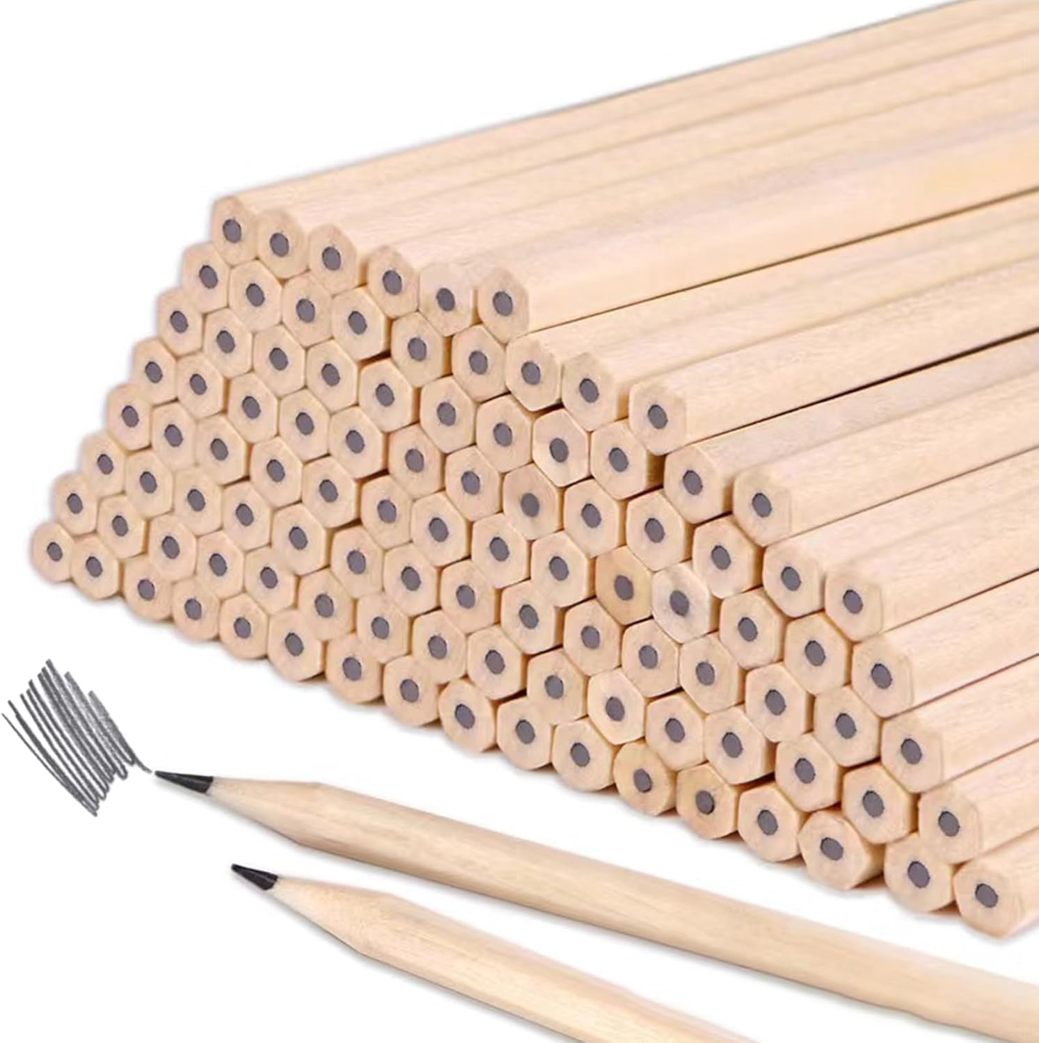 Helweet Wooden Pencils, HB Pencils, Pencils Set, 100 Pieces Hexagonal Wooden Pencils, Golf Pencil, Unpainted, for Teachers, Office, School Supplies, Drawing, Writing, 17.7 x 0.7 cm