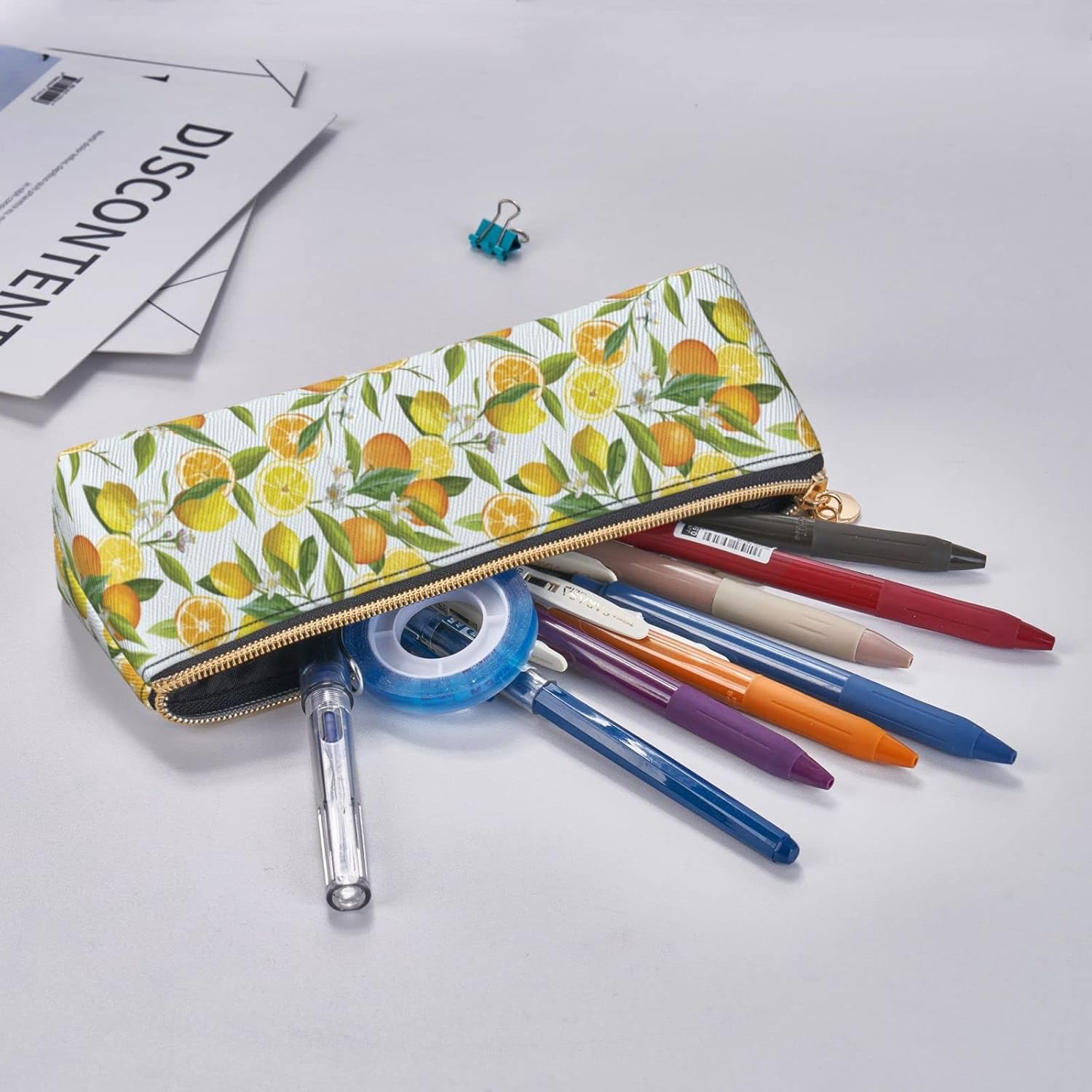 Federmäppchen mit Zitronen- und Orangenblüten-Motiv, Kosmetiktasche, Stiftetui, dreieckiges Leder, Aufbewahrungstasche, Schreibwaren-Organizer mit Reißverschluss, für das Büro von Erwachsenen – Bild 7