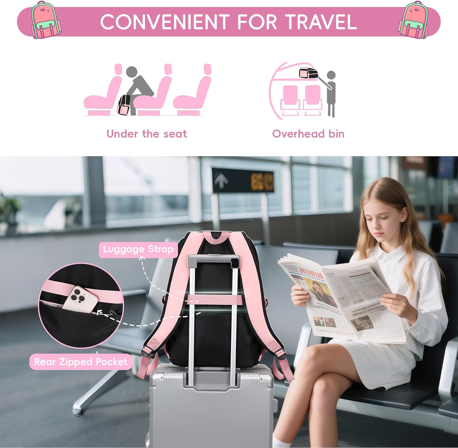 Tanou School Backpack Girls Teenagers 3-Piece Casual School Bag for Girls with Lunch Bag Pencil Case Stylish Multiple Compartments Children's School Bag Casual Daypack – Bild 5