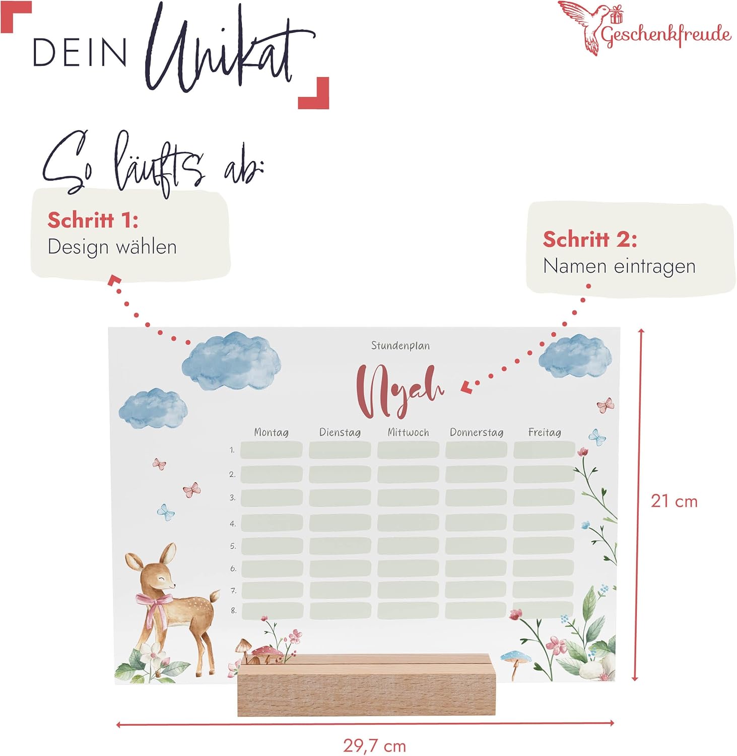 Timetable Wipeable Personalised with Name + Wooden Holder and Pen - DIN A4 - Gifts for School Enrolment - First Day of School Gift for Girls/Boys - Small Gift for First Day of School – Bild 4