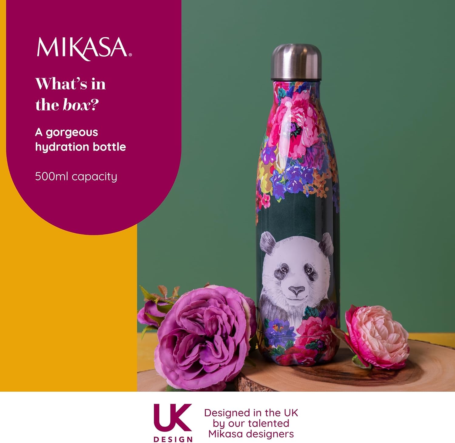 Mikasa Wild at Heart Water Bottle, 500 ml, Reusable Insulated Stainless Steel Bottle with Screw Cap for Travel, School or Gym, Panda Print – Bild 5