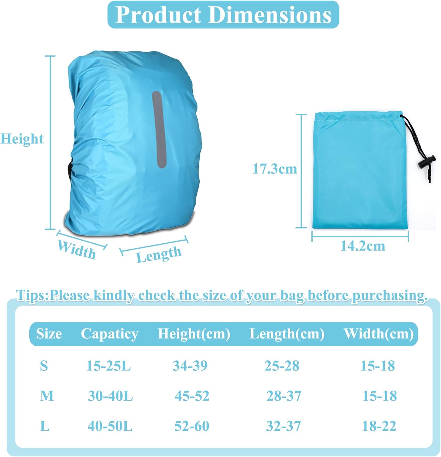 Rain Cover for Backpacks with Reflective Strips, 15L-50L Waterproof Backpack Rain Cover with Storage Bag, Rain Cover School Bag for Hiking, Camping, Travel, Cycling – Bild 2