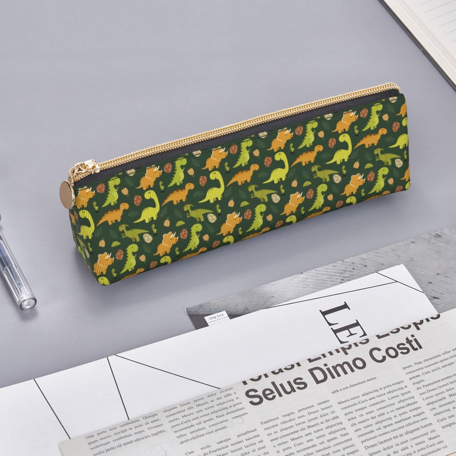Dinosaur Pine Pencil Case Cosmetic Bag Pen Case Leather Triangle Storage Bag Zipper Stationery Organizer for Adults Office, Dinosaur Pineapple, Bag organiser – Bild 8