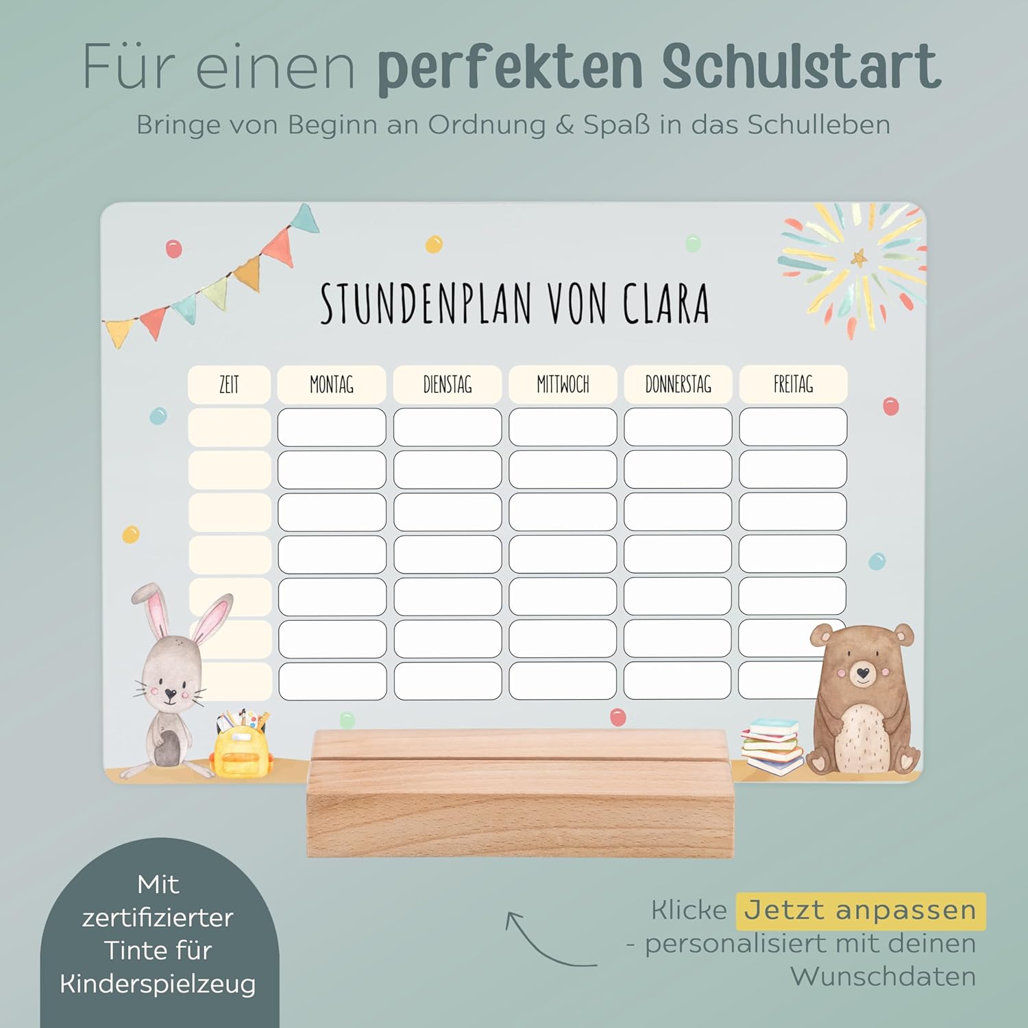 wunderwunsch® - Personalised & Washable Acrylic Timetable + Pen and Wooden Holder - School Gift for First Day of School or Primary School (Bar and Rabbit, without Wooden Holder) – Bild 6