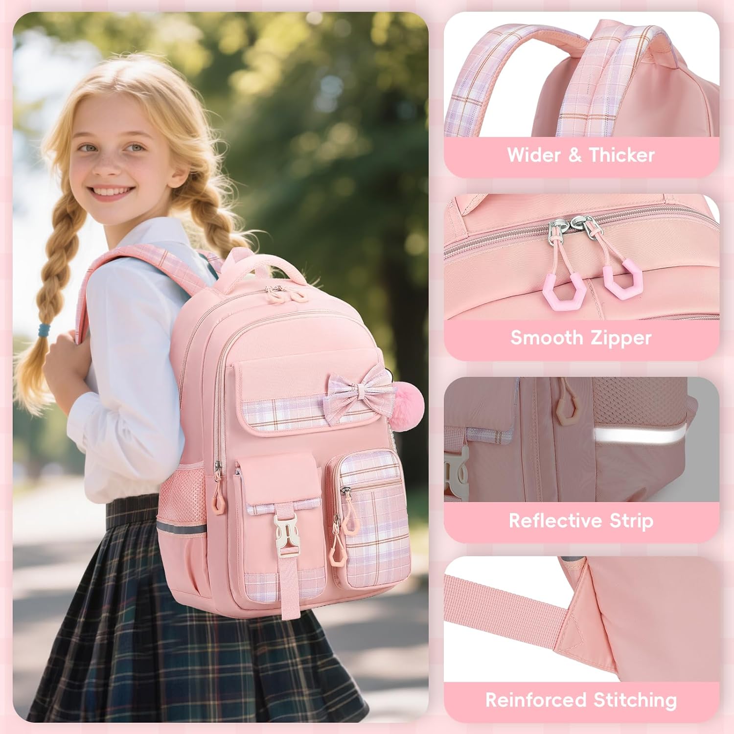 Tanou School Backpack Girls Children's Backpack Waterproof Backpack Teenager Daypack Kawaii Checked School Bag for Girls 9-16 Years with Trolley Strap – Bild 7