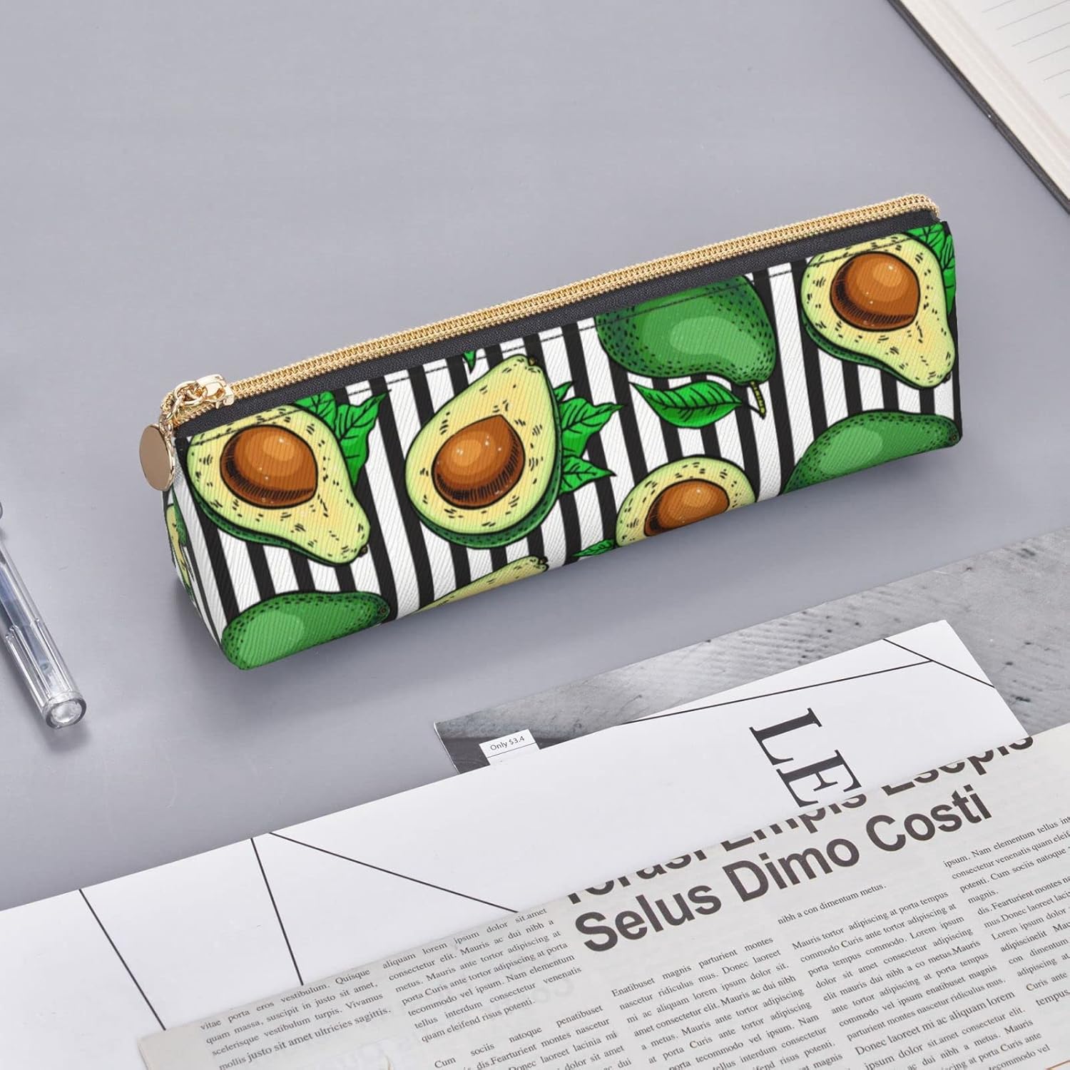 Federmäppchen mit Avocado-Motiv, schwarz-weiß gestreift, dreieckiges Stiftetui, tragbares Federmäppchen, Leder-Organizer mit Reißverschluss, Kosmetiktasche – Bild 8