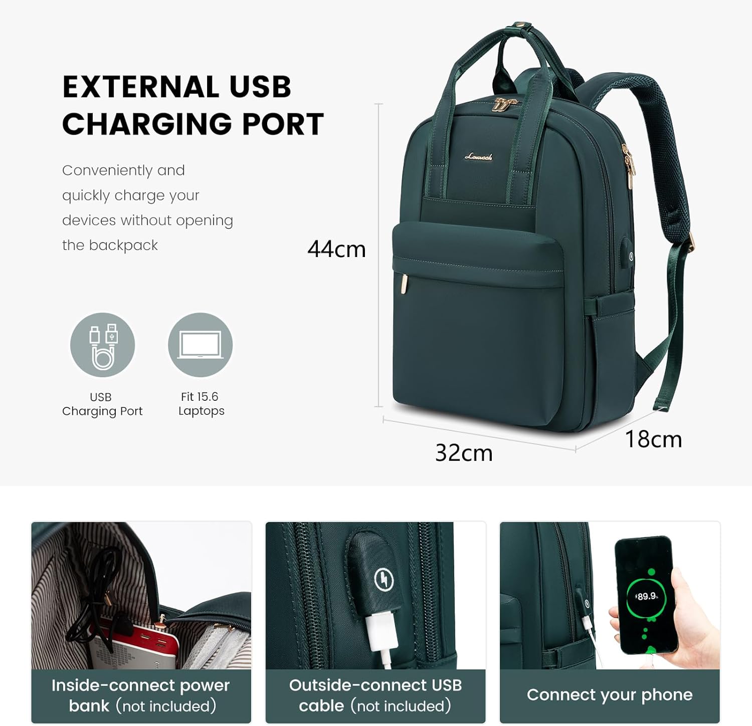 LOVEVOOK Laptop Backpack Women's 15.6 Inch School Backpack Teenager with USB Charging Port, Waterproof Daypacks Travel Backpack, Elegant Travel Backpack Daypack for School, Office, Travel, Dark Green – Bild 4