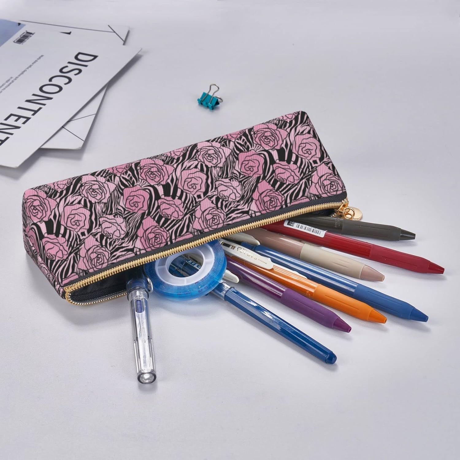 Federmäppchen mit Leoparden- und Rosen-Blumenmuster, Kosmetiktasche, Stifttasche, dreieckiges Leder, Aufbewahrungstasche mit Reißverschluss, Schreibwaren-Organizer für Erwachsene im Büro – Bild 7