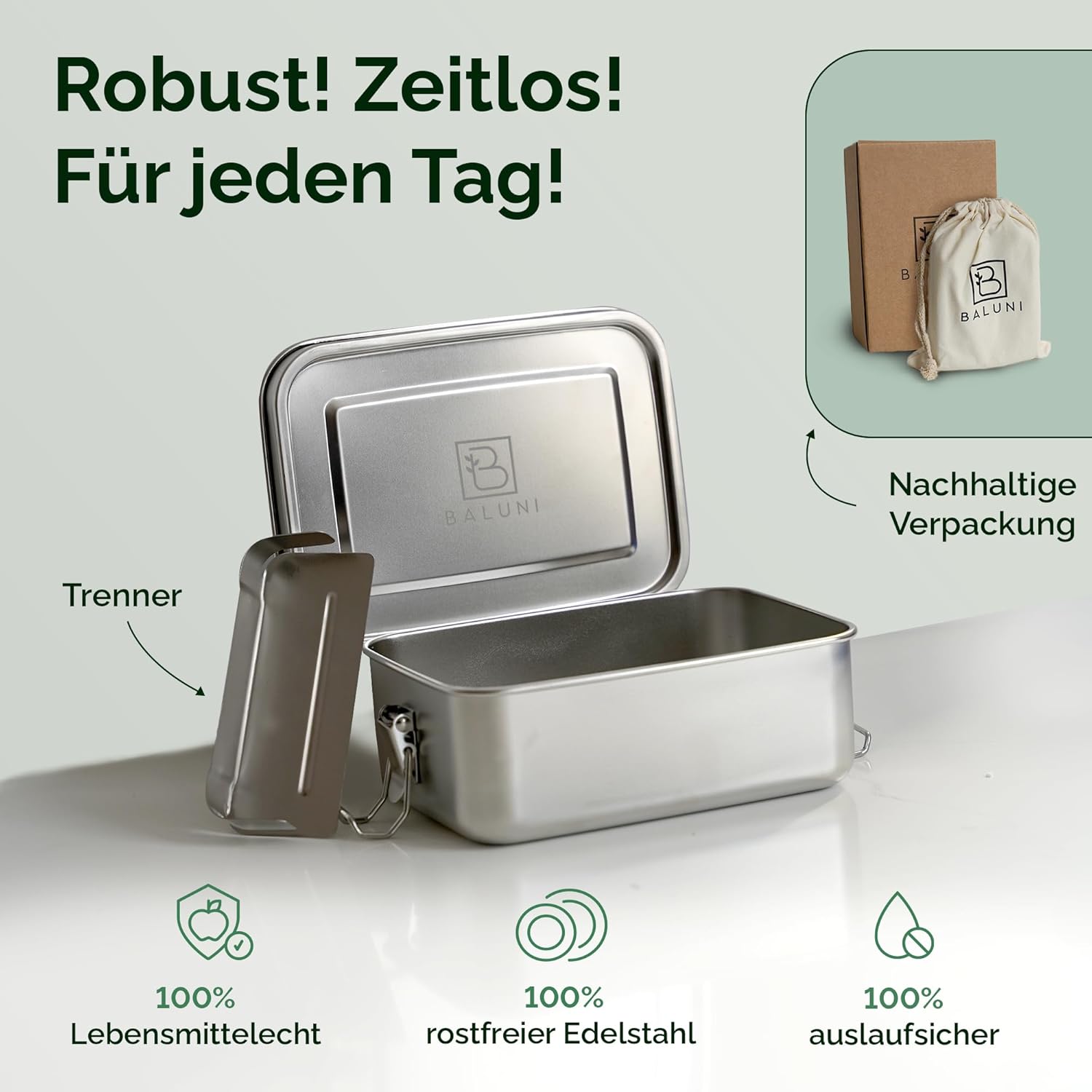 Premium Stainless Steel Lunch Box - Sustainable & Plastic-Free Lunch Box with Divider, Replacement Seal & Transport Bag, Durable Metal Lunch Box for School, Work & On the Go (1000 ml) – Bild 2