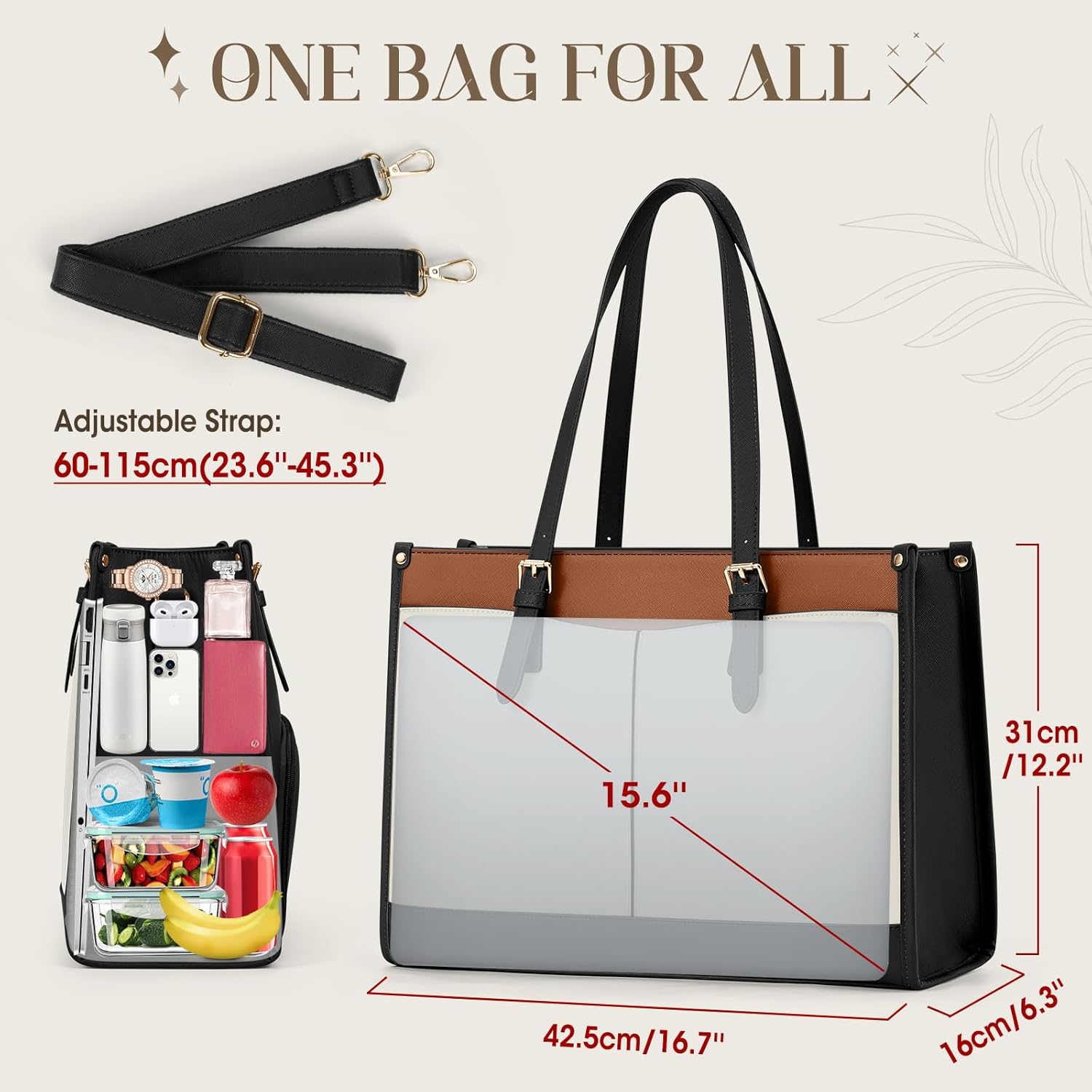 RAINSMORE Women's Laptop Bag with Insulated Lunch Compartment 15.6 Inch Handbag Women's Large PU Leather Work Bag Briefcase Waterproof Shoulder Bag for Work School, Black, brown, white – Bild 4