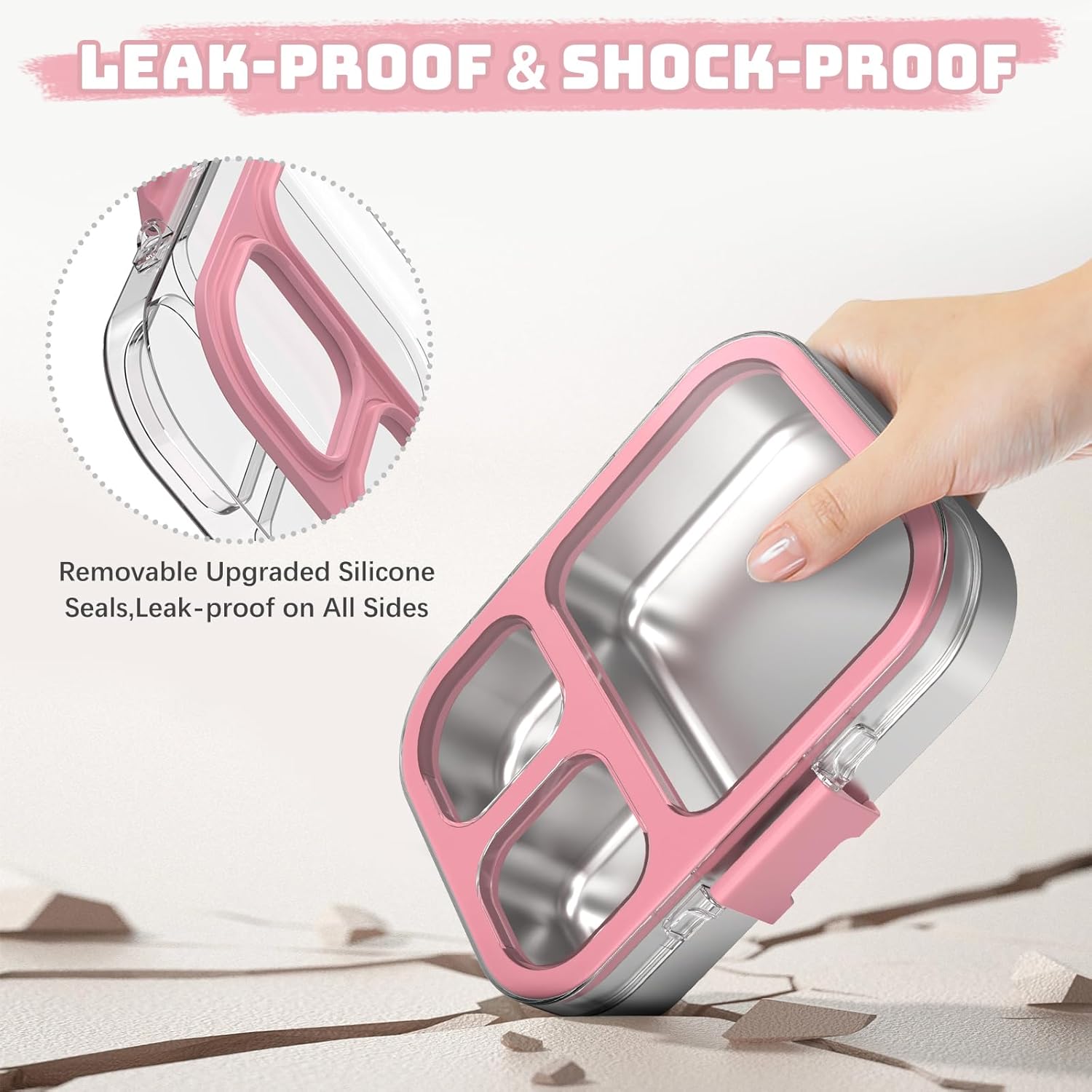 Stainless Steel Lunch Box with 3 Compartments, Bento Lunch Box Children Leak-Proof BPA Free, Dishwasher Safe, Perfect for School, Nursery and On the Go (Pink) – Bild 4