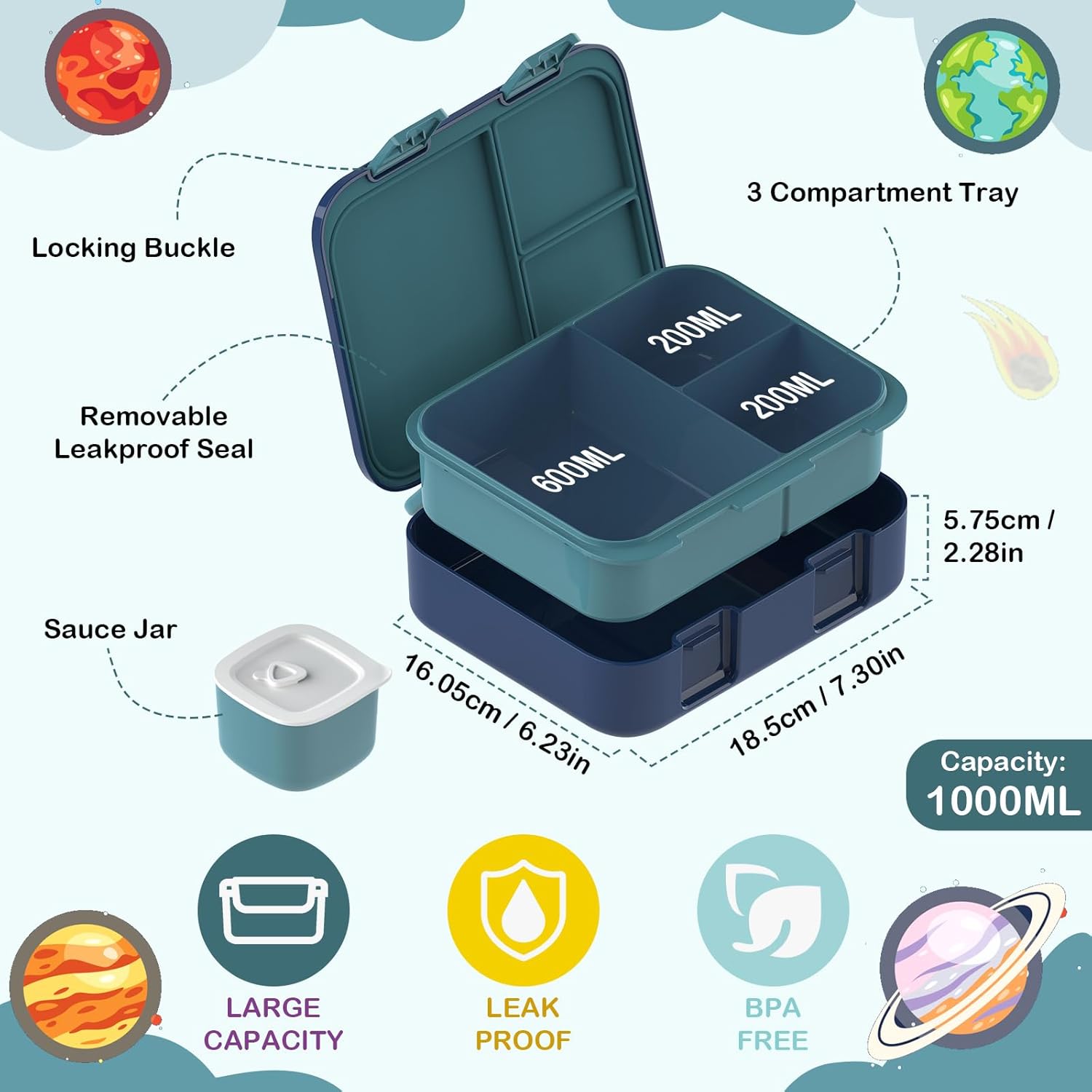 Children's Lunch Box, Planet Bento Box Leak-proof with Multi Compartments - Lunch Box for Nursery and School Snack Box for Boys Girls Children (Dark Blue Planet) – Bild 2