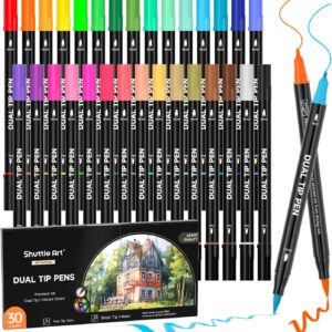 Shuttle Art Dual Brush Pen Set, 30 Double-Sided Brush Pens, Felt Tip Pens, Thick and Thin, Watercolour Pens with Colouring Book for Children, Felt Pens for Adults for Painting, Hand Lettering,
