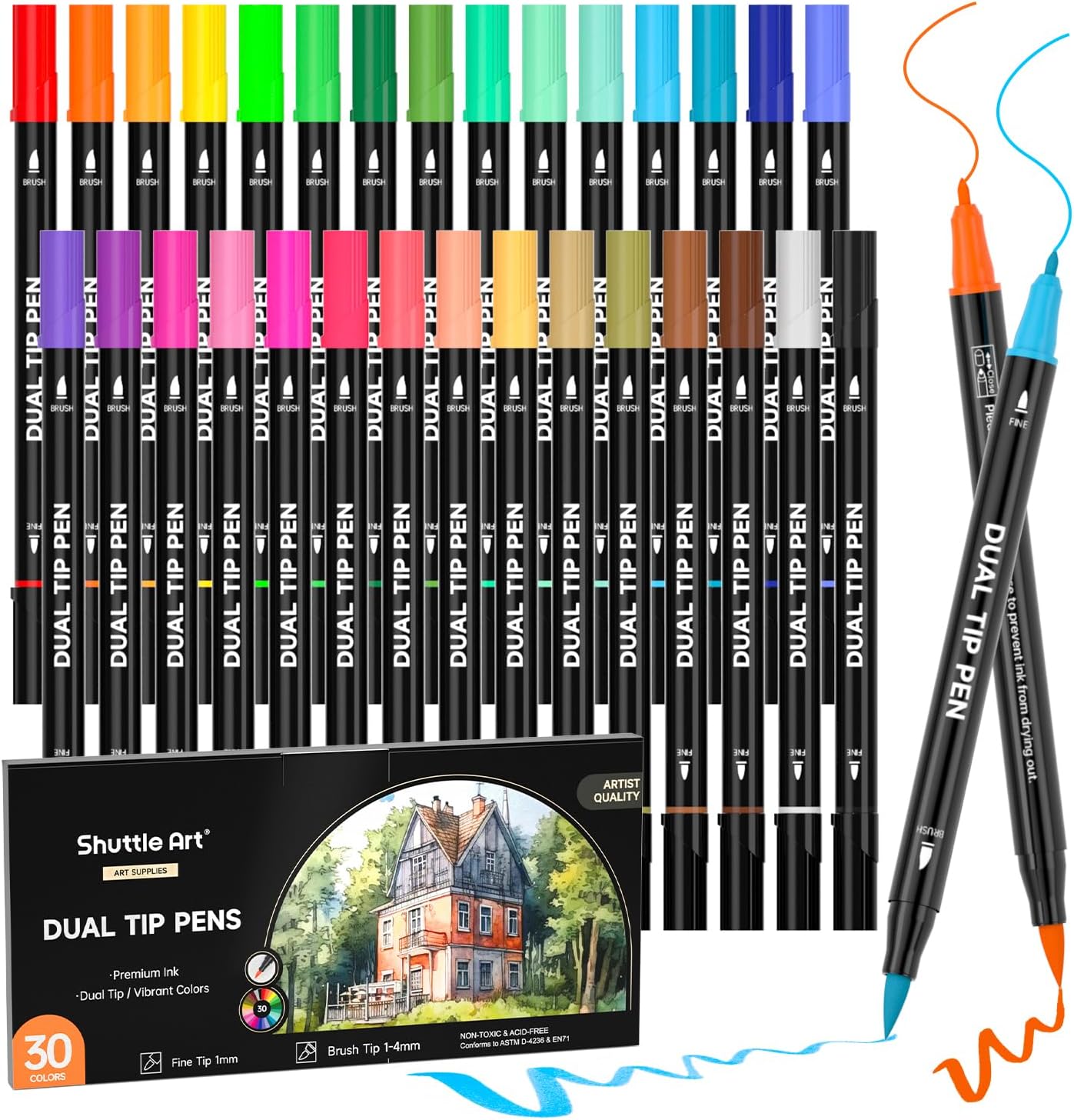 Shuttle Art Dual Brush Pen Set, 30 Double-Sided Brush Pens, Felt Tip Pens, Thick and Thin, Watercolour Pens with Colouring Book for Children, Felt Pens for Adults for Painting, Hand Lettering,