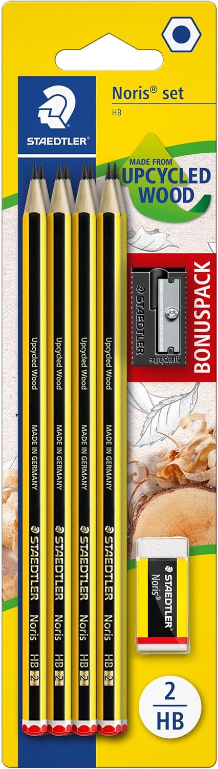 STAEDTLER Noris HB Hexagonal Pencils, Set of 8 Incredibly Shatterproof Pencils, 1 Sharpener, 1 Eraser, High Quality, Made in Germany, 120 SBK8P1