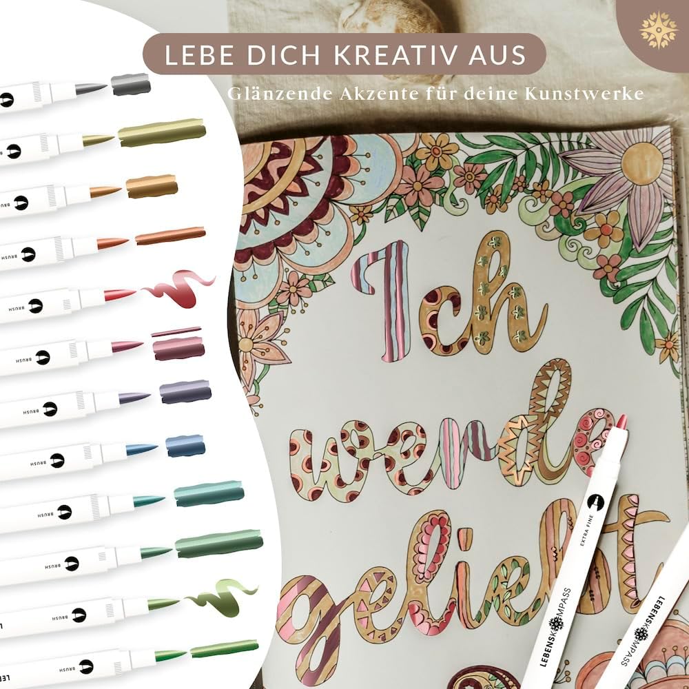 LEBENSKOMPASS® Metallic Dual Brush Pen Set with 12 Water-Based Colourful Colours for Shimmering Metallic Effects Brush Pens for Colouring Books, Hand Lettering, Calligraphy & Bullet Journal