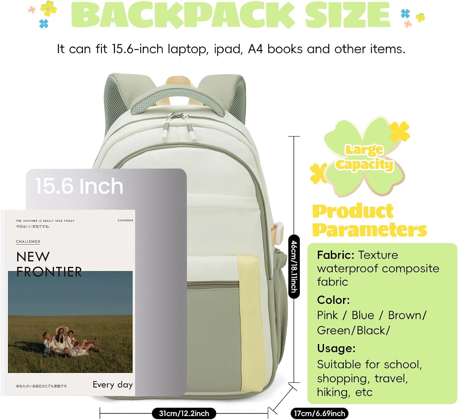School Backpack Girls Teenagers 2025 Backpack School High School Bag High School Bag Water-Repellent for 15.6 Inch Laptop School Bag Casual Travel 26L Green – Bild 2