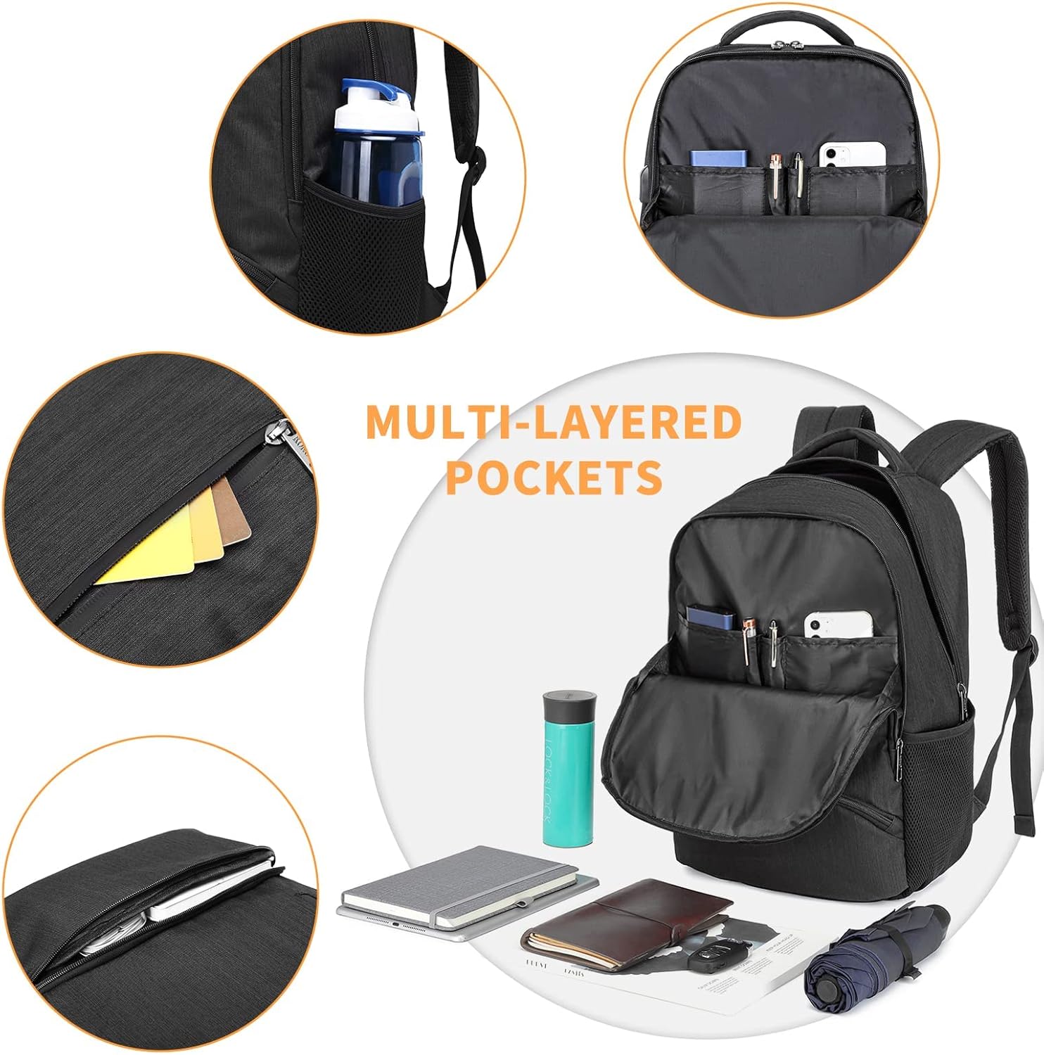Kono Reise-Laptop-Rucksack mit USB-Ladeanschluss, wasserabweisend, für Arbeit, Business, Computertasche, Schultasche, Rucksack für Damen und Herren, lässiger Tagesrucksack, passend für 39,6 cm (15,6 – Bild 5