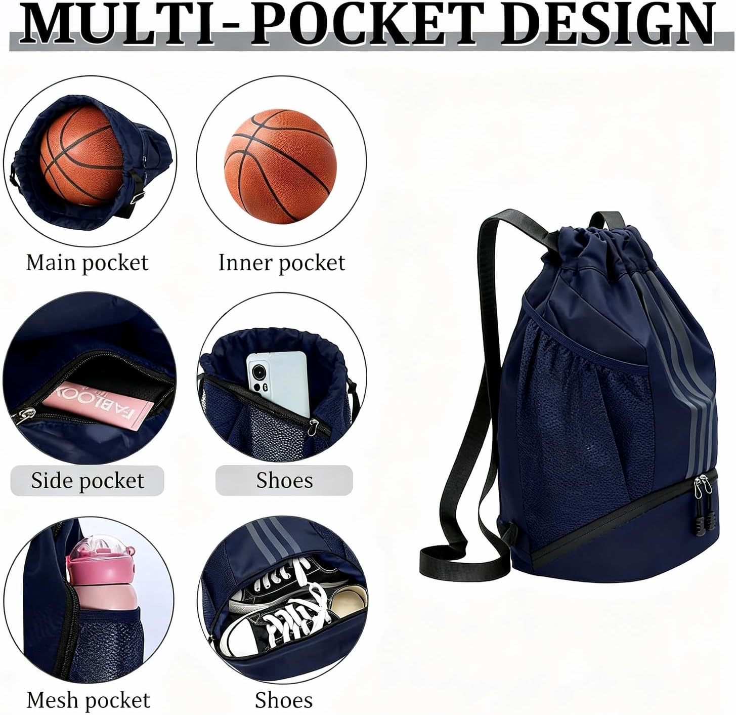 Gym Bag with Drawstring, Large Blue Sports Bag, Waterproof, Sports Bag with Shoe Compartment, Sports Backpack Gym Bag with Inner Pocket, Swimming Backpack Children with Wet Compartment, Swimming Bag – Bild 6