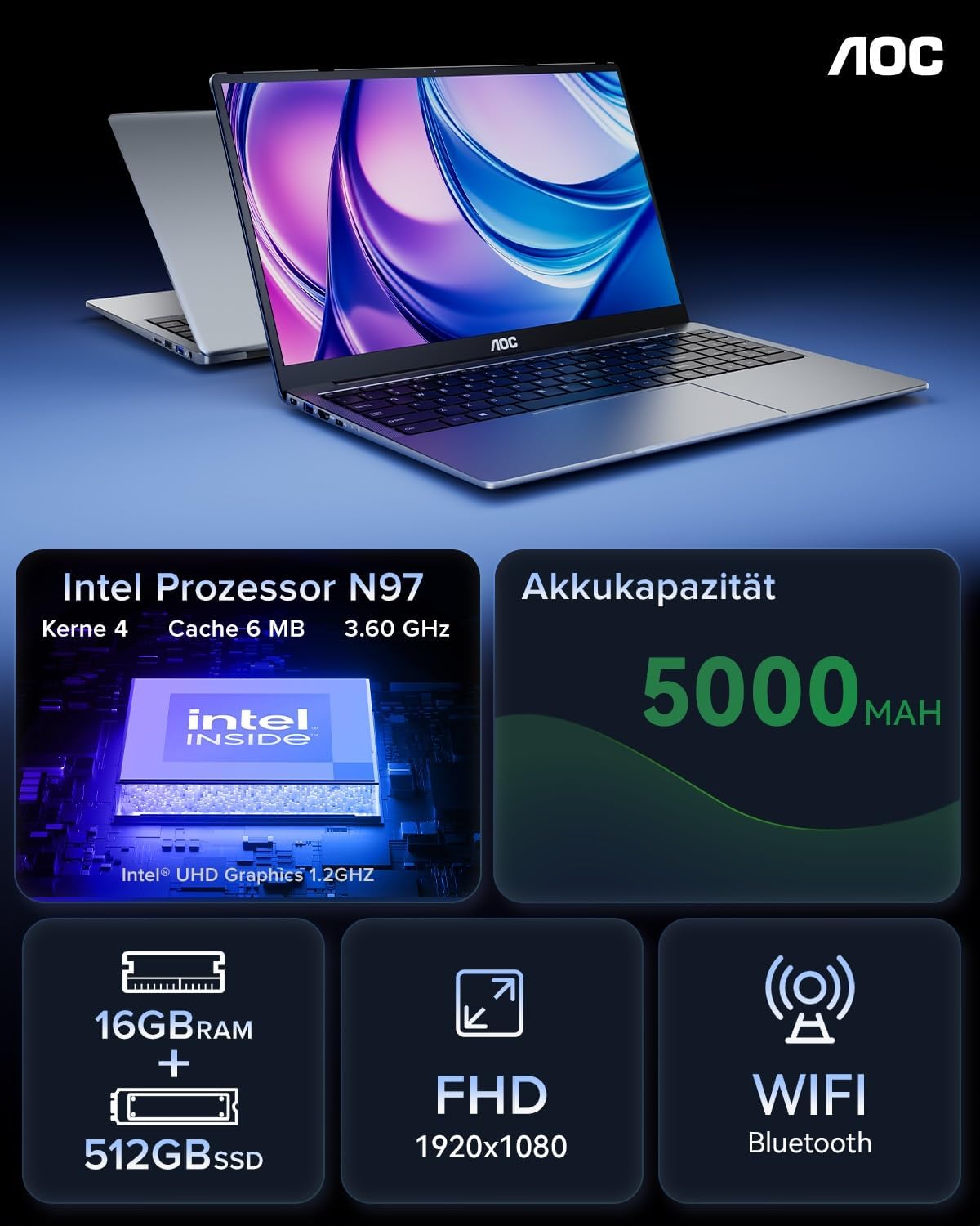 AOC Alder Lake N97 Laptop, Up to 3.6 GHz, 16 GB DDR4, 512 GB SSD (Supports 2 TB Extension), Office Notebook Computer, Metal Housing, 180° Folding, HDMI, WiFi – Bild 4